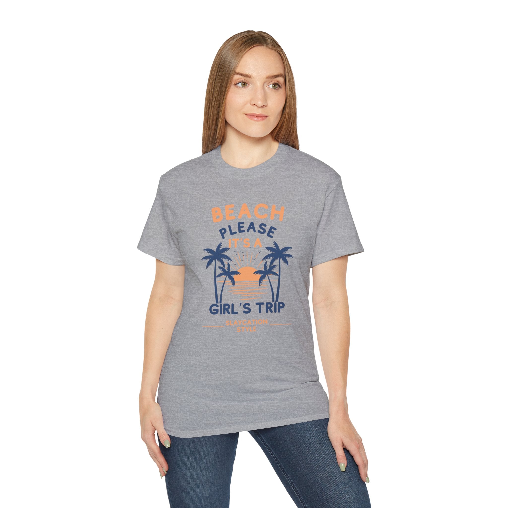Beach Please It's a Girl's Trip Tee — Tropical Palm Sunset Vacation Shirt
