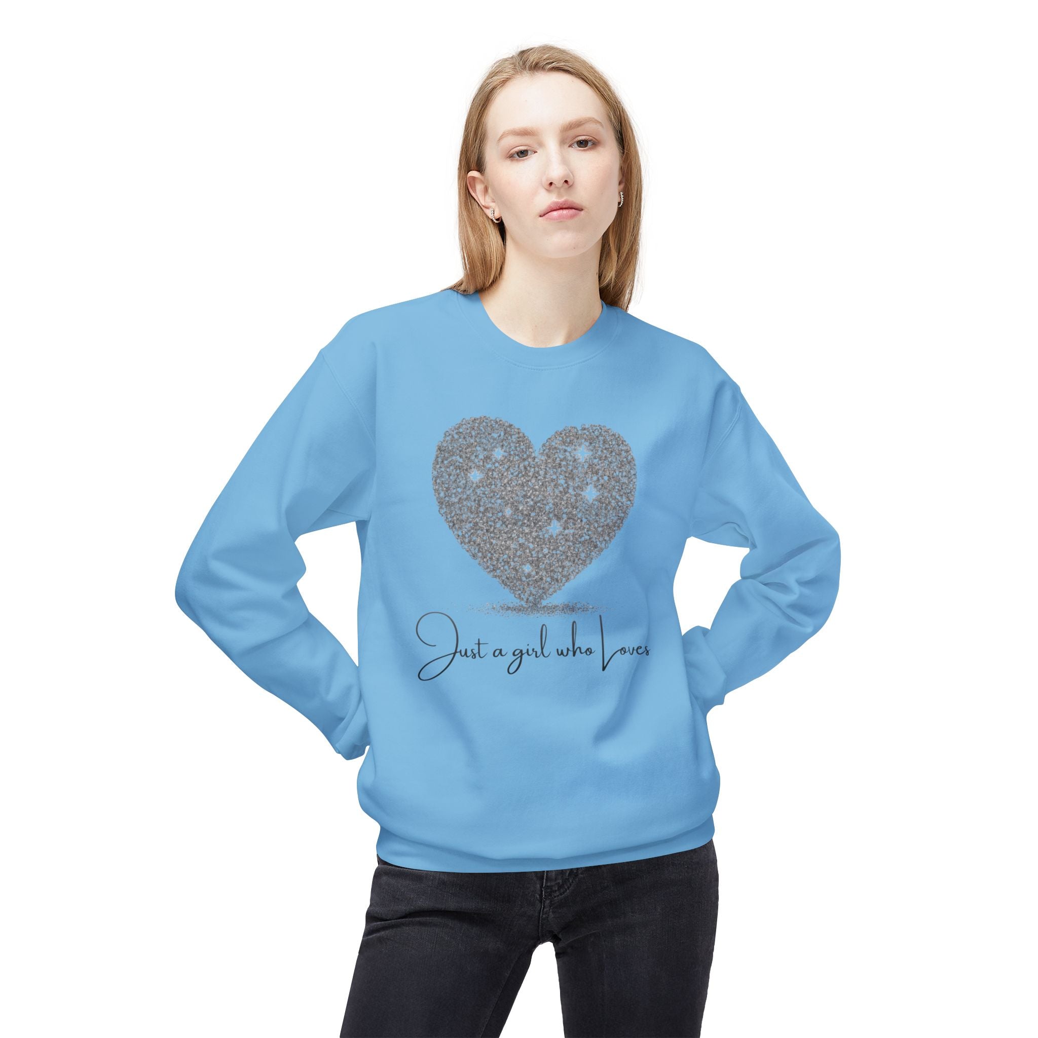 Crewneck Sweatshirt - Glitter Heart "Just a girl who loves" Cozy Graphic Pullover