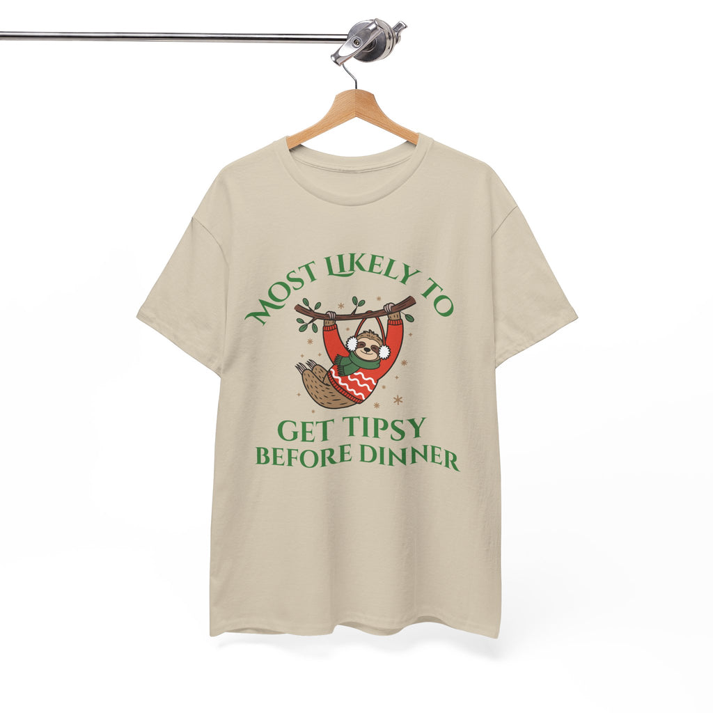 Most Likely to Get Tipsy Before Dinner Christmas Sloth T-Shirt