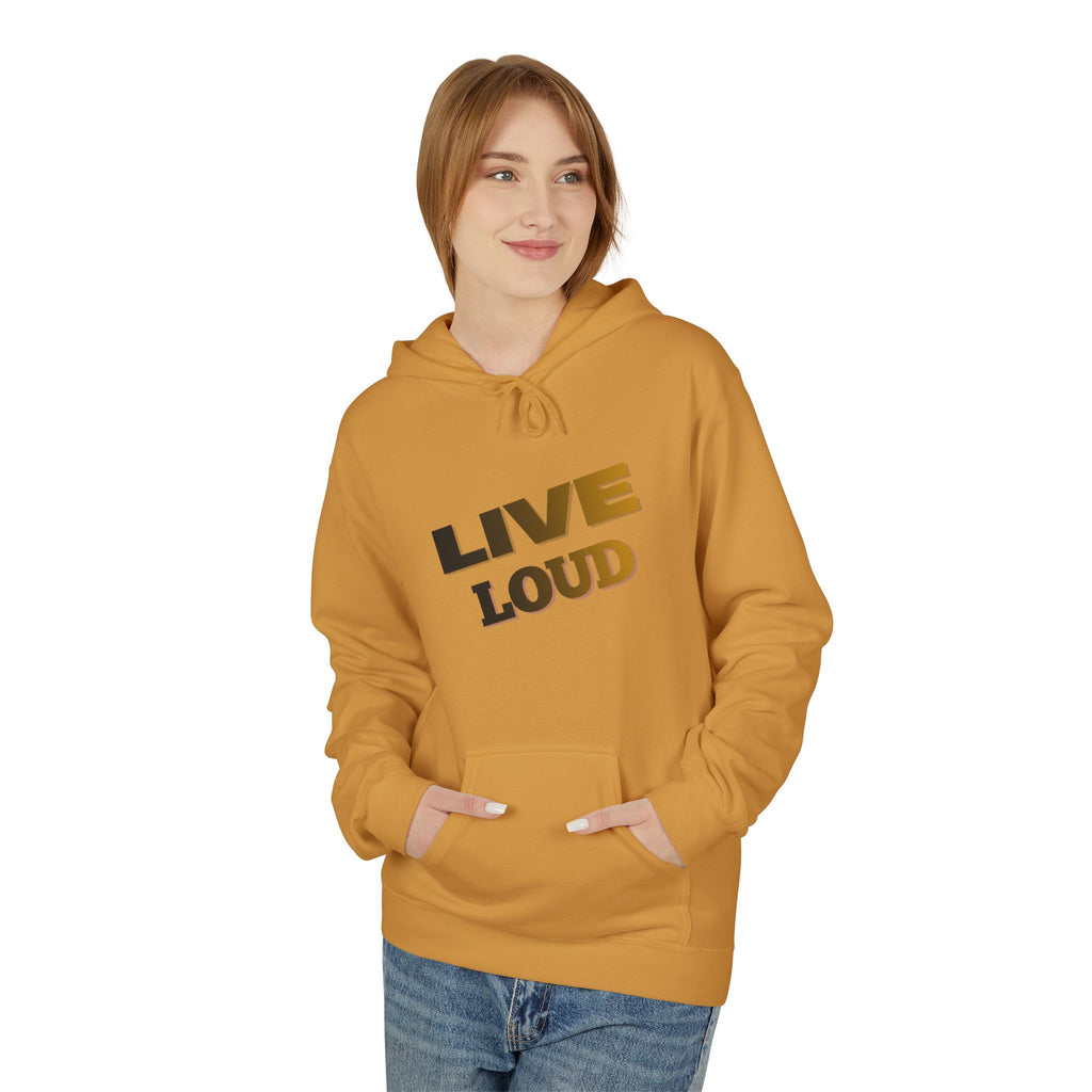 Live Loud Hoodie — Bold Diagonal Text Graphic Pullover