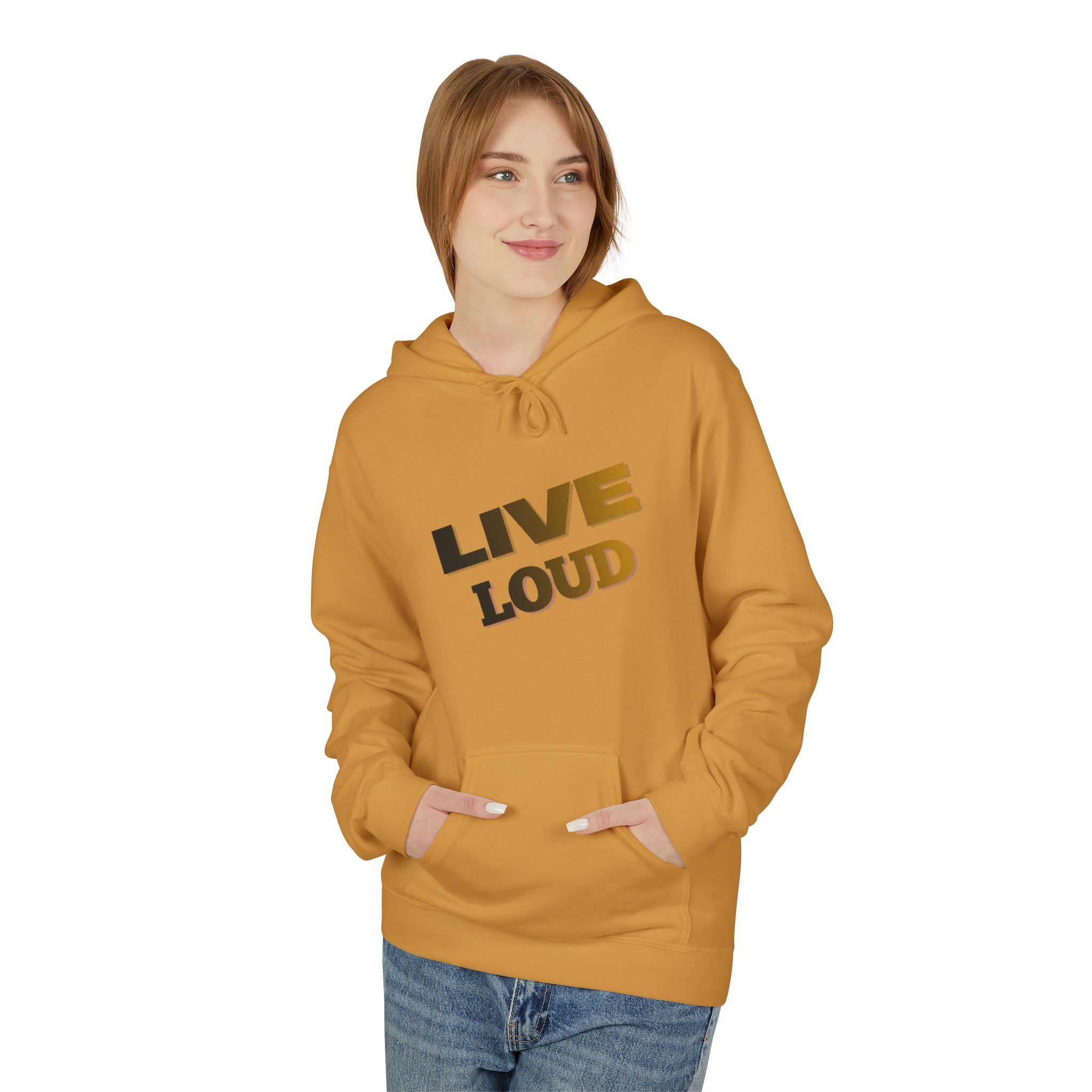 Live Loud Hoodie — Bold Diagonal Text Graphic Pullover