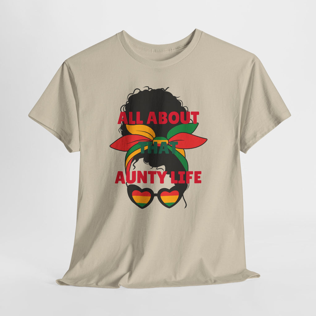 Aunty Life Tee – "All About Aunty Life" Graphic T-Shirt (Tropical Heart Sunglasses)