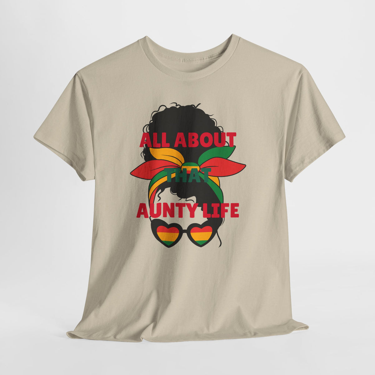 Aunty Life Tee – "All About Aunty Life" Graphic T-Shirt (Tropical Heart Sunglasses)
