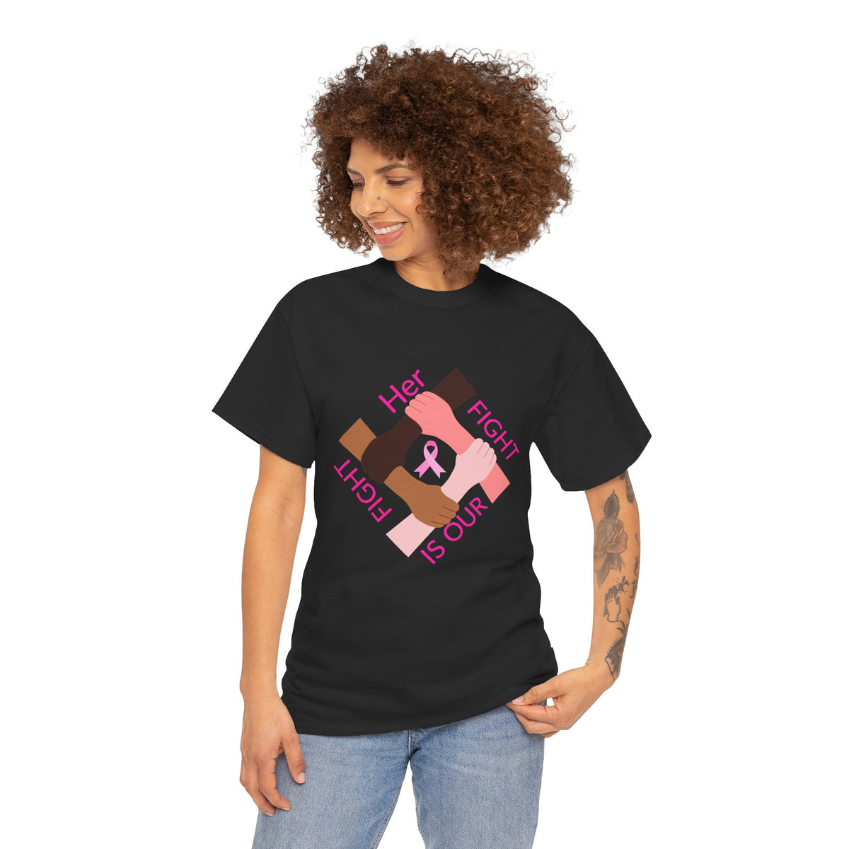 Breast Cancer Awareness Tee —Front of Tee “Our Fight Is Her Fight” and Back of Tee-Pink Ribbon "Sisters in The Fight" Support Shirt