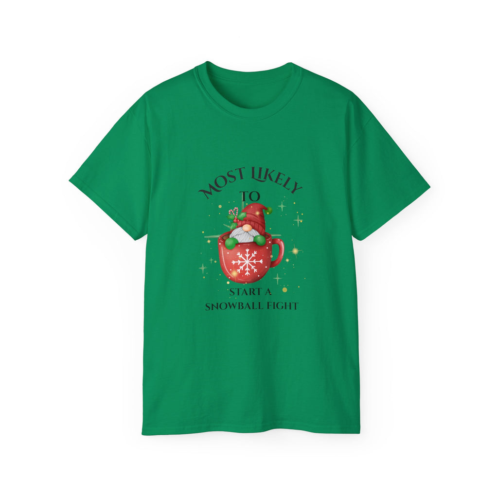 Mostly Likely to Start a Snowball Fight Cotton Tee - Fun Winter Shirt, Holiday Gift, Christmas Apparel, Cool Snow Day Outfit, Festive Party Top