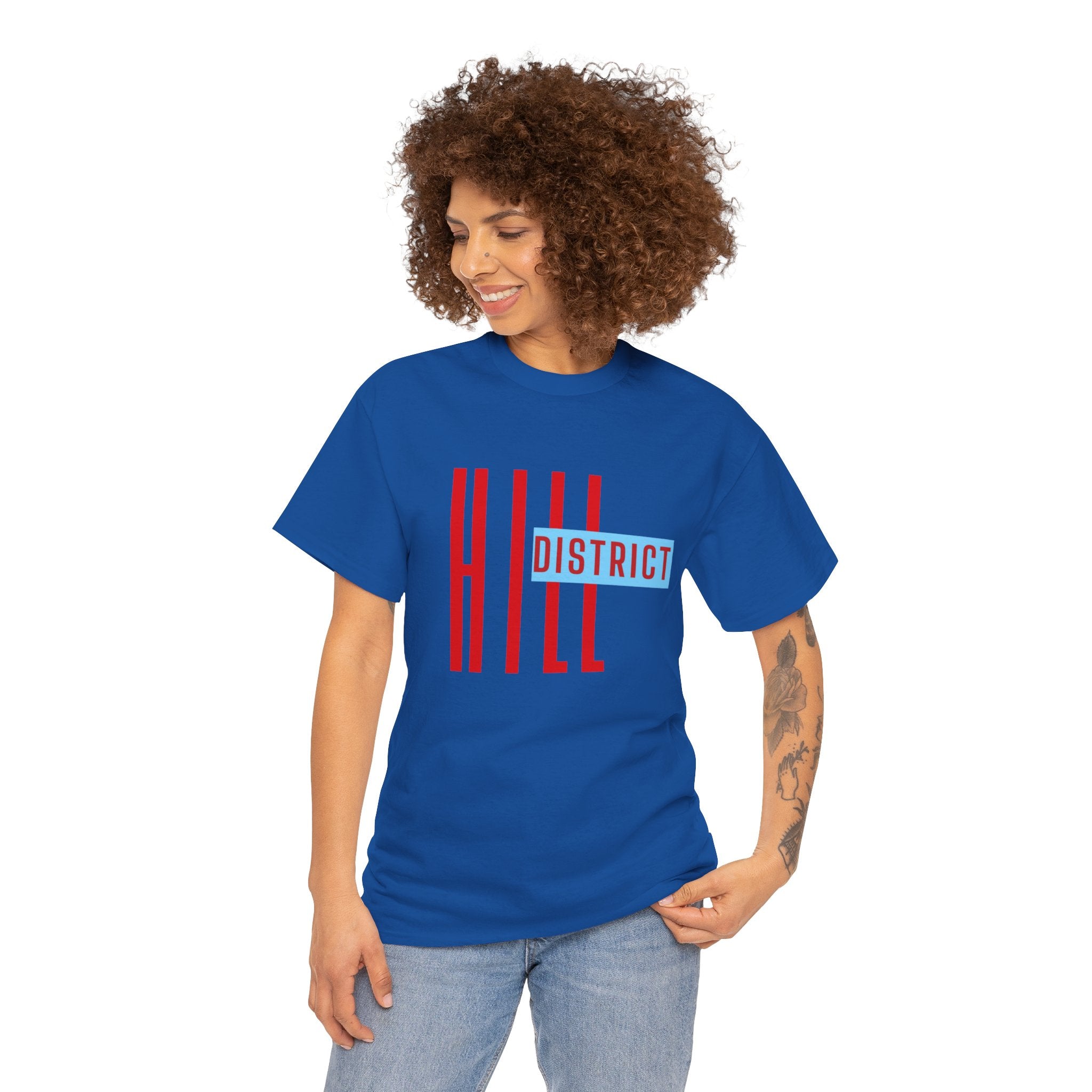 Hill District T-Shirt — Retro Red & Blue 'DISTRICT' Graphic Tee