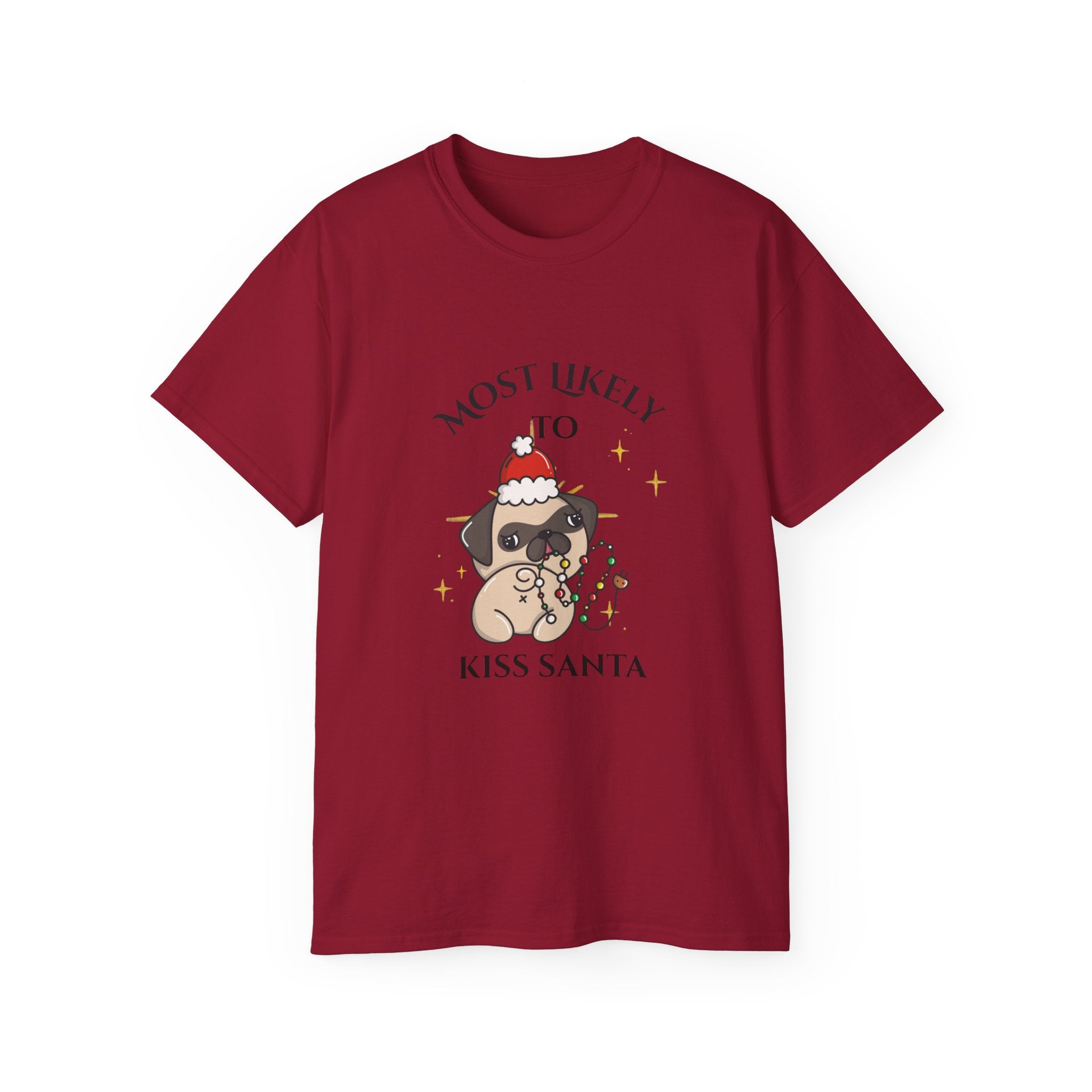 Funny Holiday Dog Tee, Most Likely to Kiss Santa T-Shirt, Christmas Gift for Dog Lovers, Seasonal Apparel, Unisex Cotton Shirt