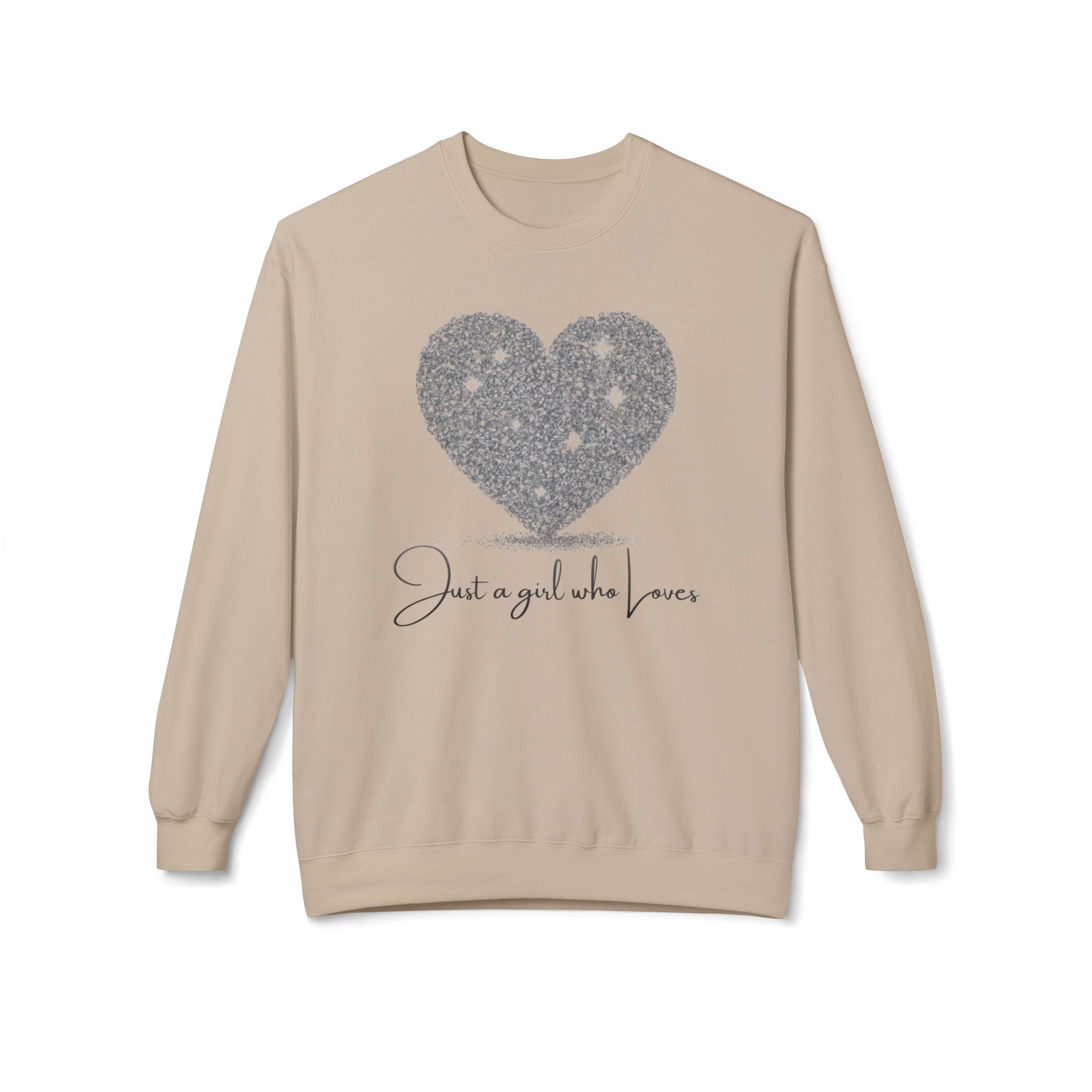 Crewneck Sweatshirt - Glitter Heart "Just a girl who loves" Cozy Graphic Pullover
