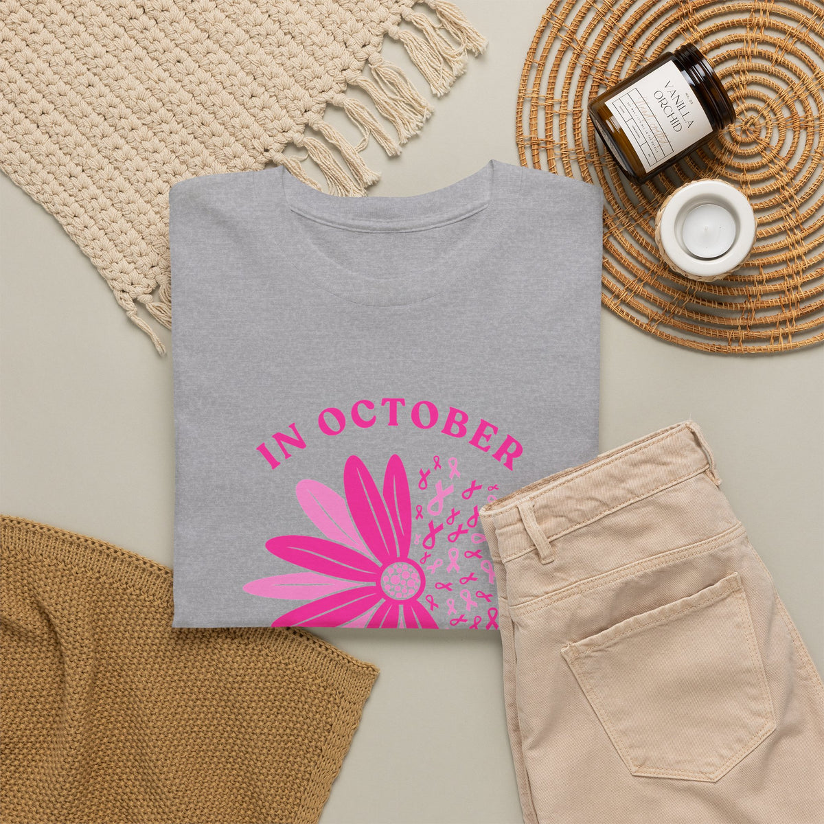 Breast Cancer Awareness Tee — "In October We Wear Pink" Floral Design