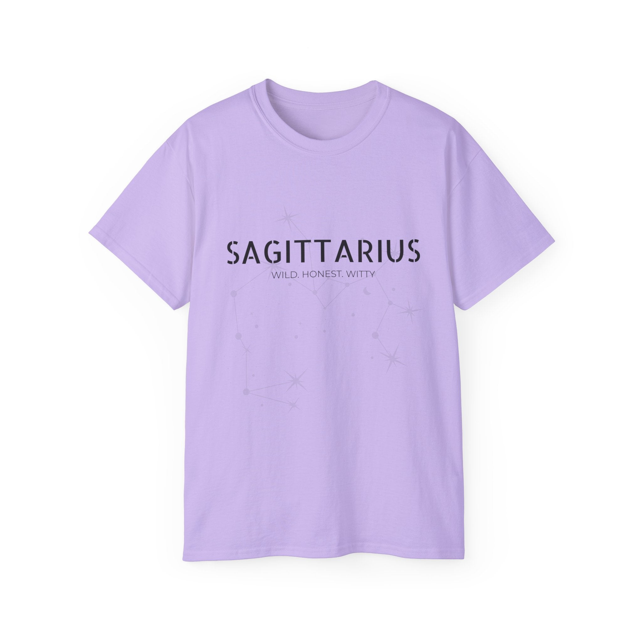 Sagittarius Zodiac Tee — 'Wild. Honest. Witty.' Astrological Graphic Shirt