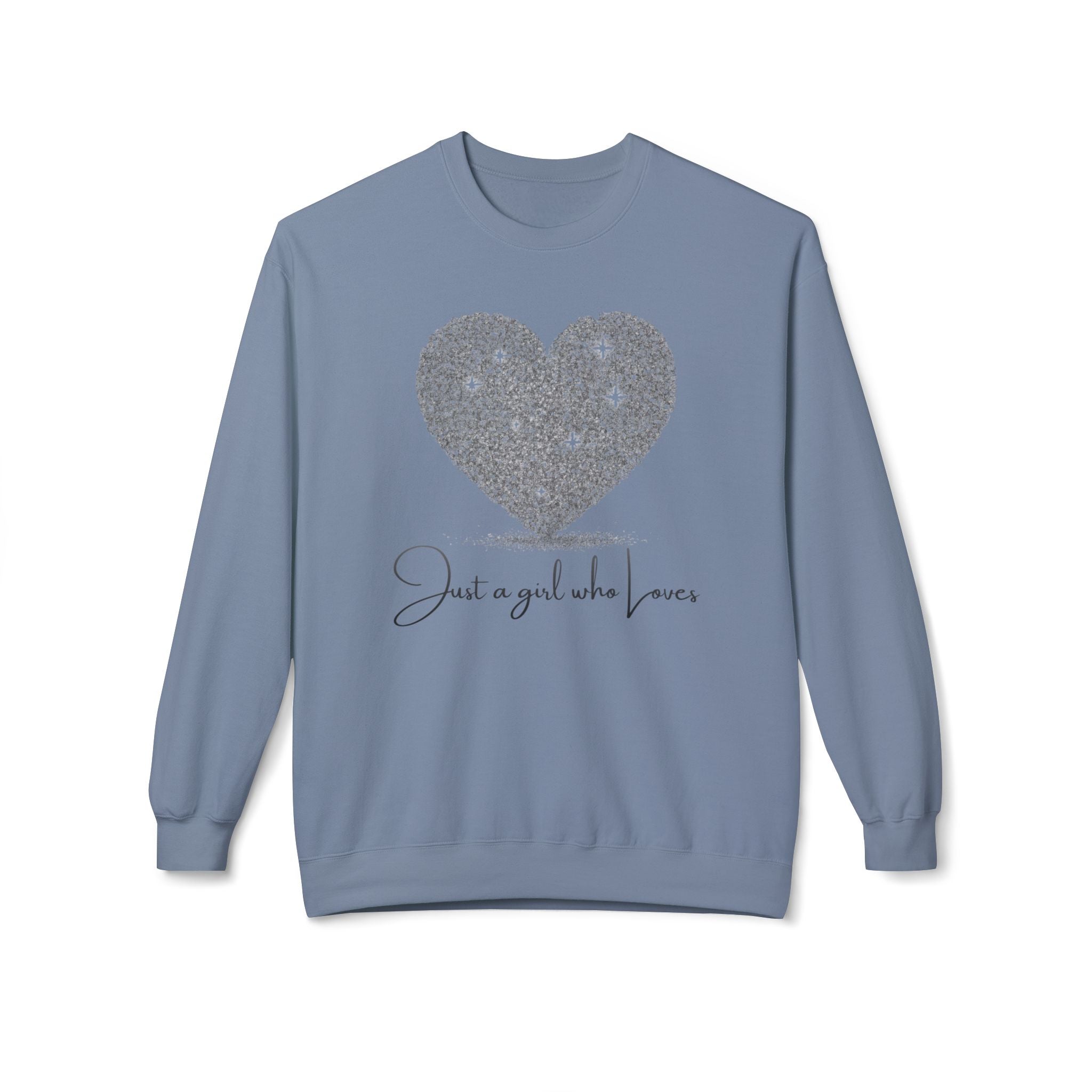 Crewneck Sweatshirt - Glitter Heart "Just a girl who loves" Cozy Graphic Pullover