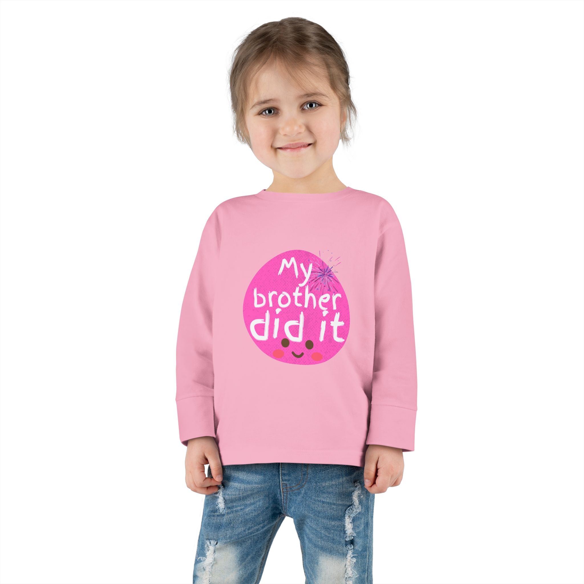 Toddler Long Sleeve Tee — "My Brother Did It" Cute Pink Kids Shirt