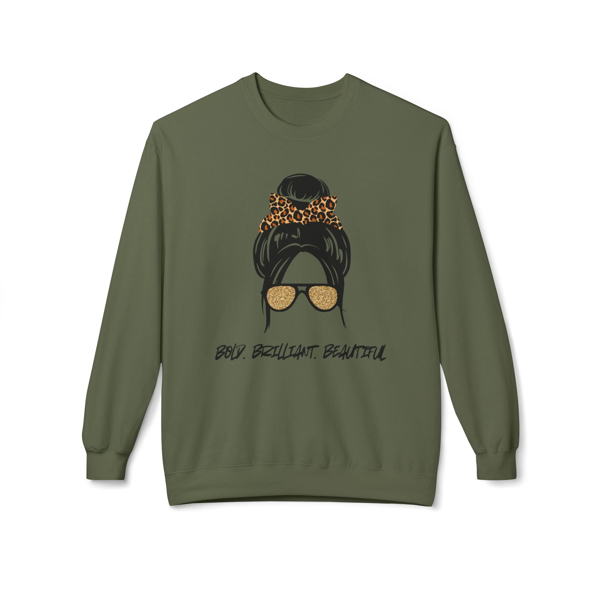 Bold Brilliant Beautiful Graphic Messy Bun Leopard Sunglasses Crewneck Sweatshirt