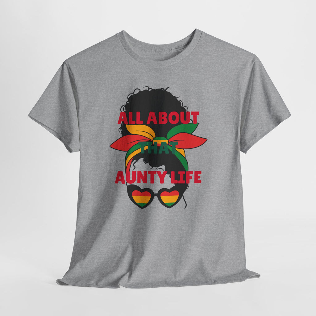 Aunty Life Tee – "All About Aunty Life" Graphic T-Shirt (Tropical Heart Sunglasses)