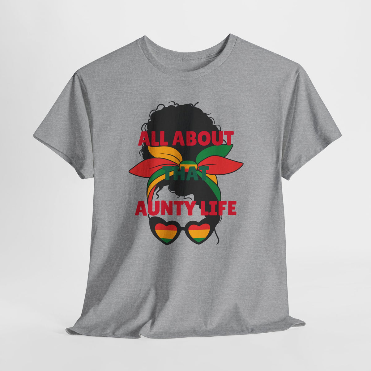 Aunty Life Tee – "All About Aunty Life" Graphic T-Shirt (Tropical Heart Sunglasses)