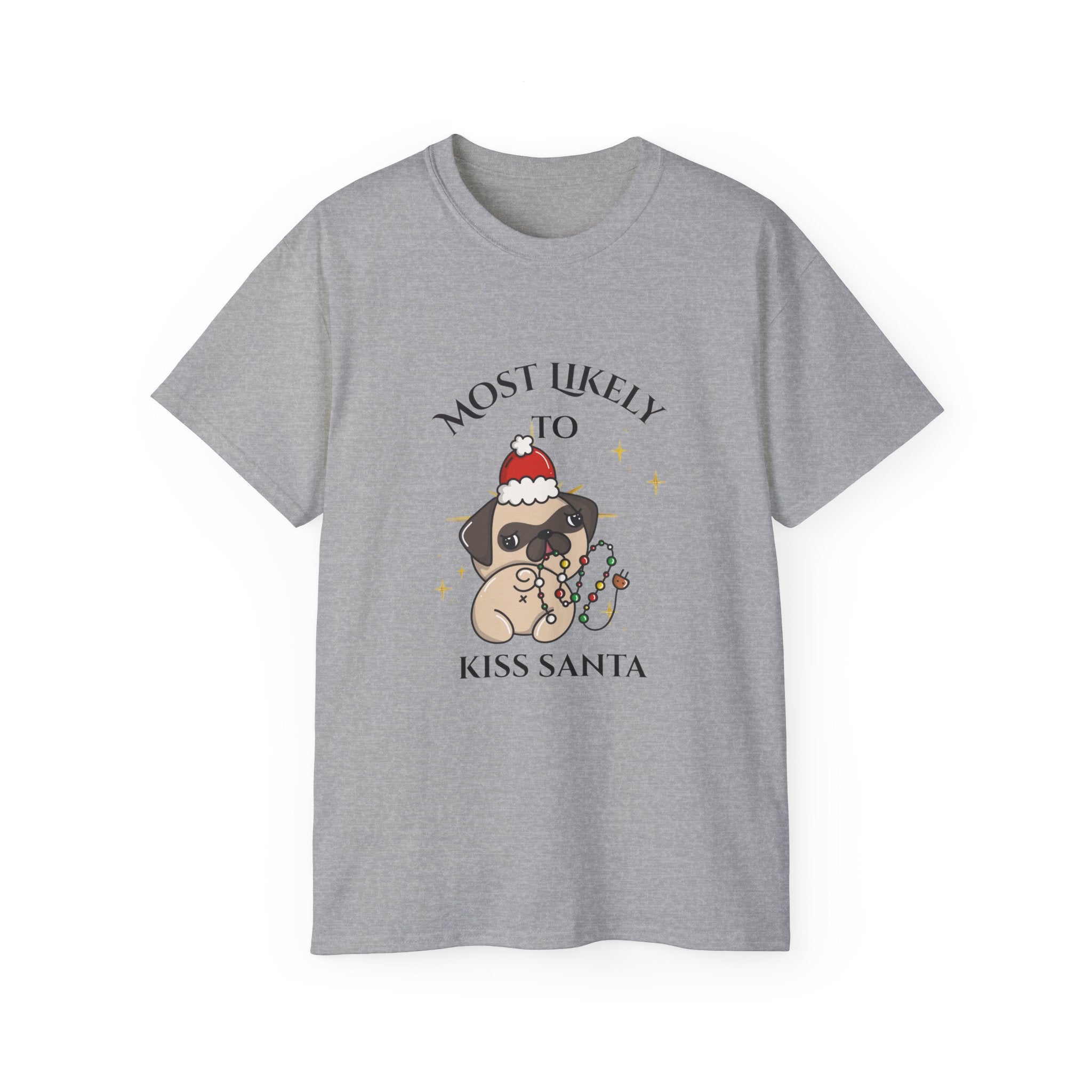 Funny Holiday Dog Tee, Most Likely to Kiss Santa T-Shirt, Christmas Gift for Dog Lovers, Seasonal Apparel, Unisex Cotton Shirt