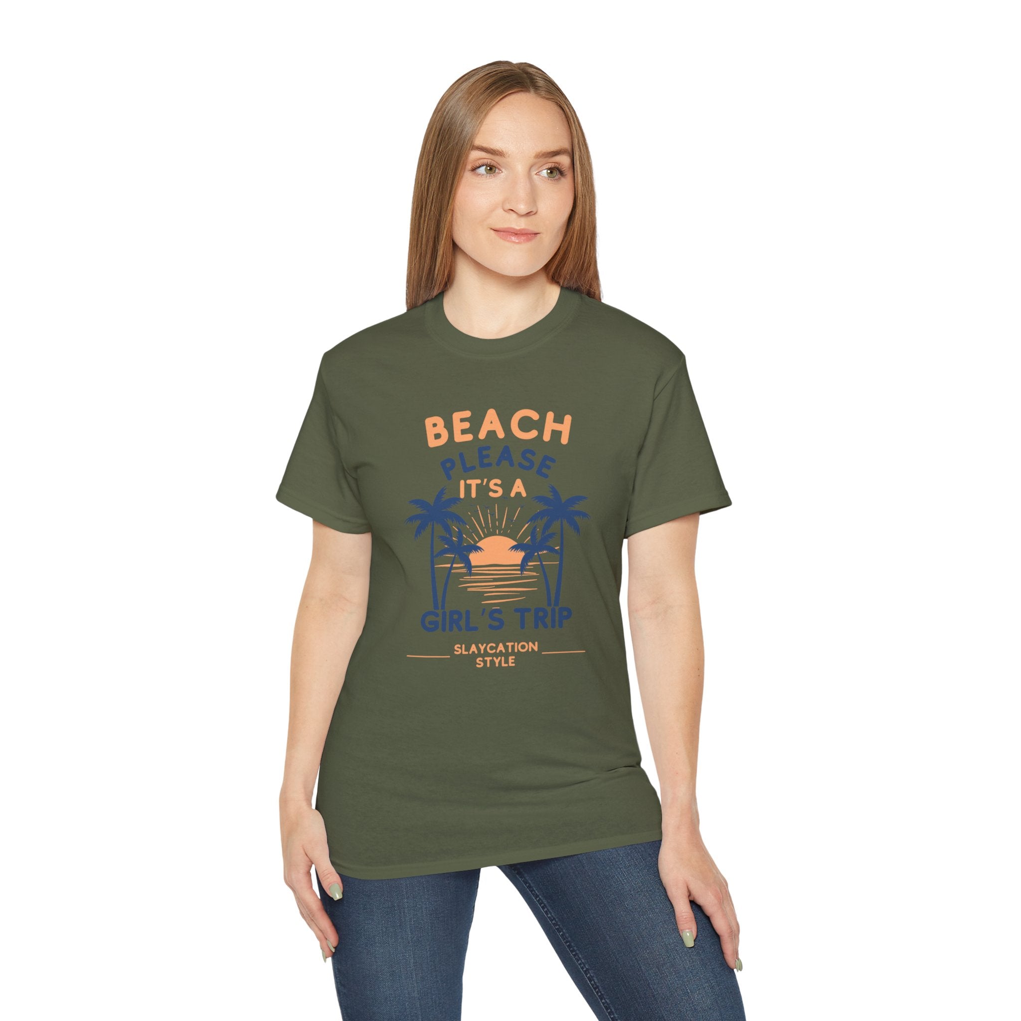 Beach Please It's a Girl's Trip Tee — Tropical Palm Sunset Vacation Shirt