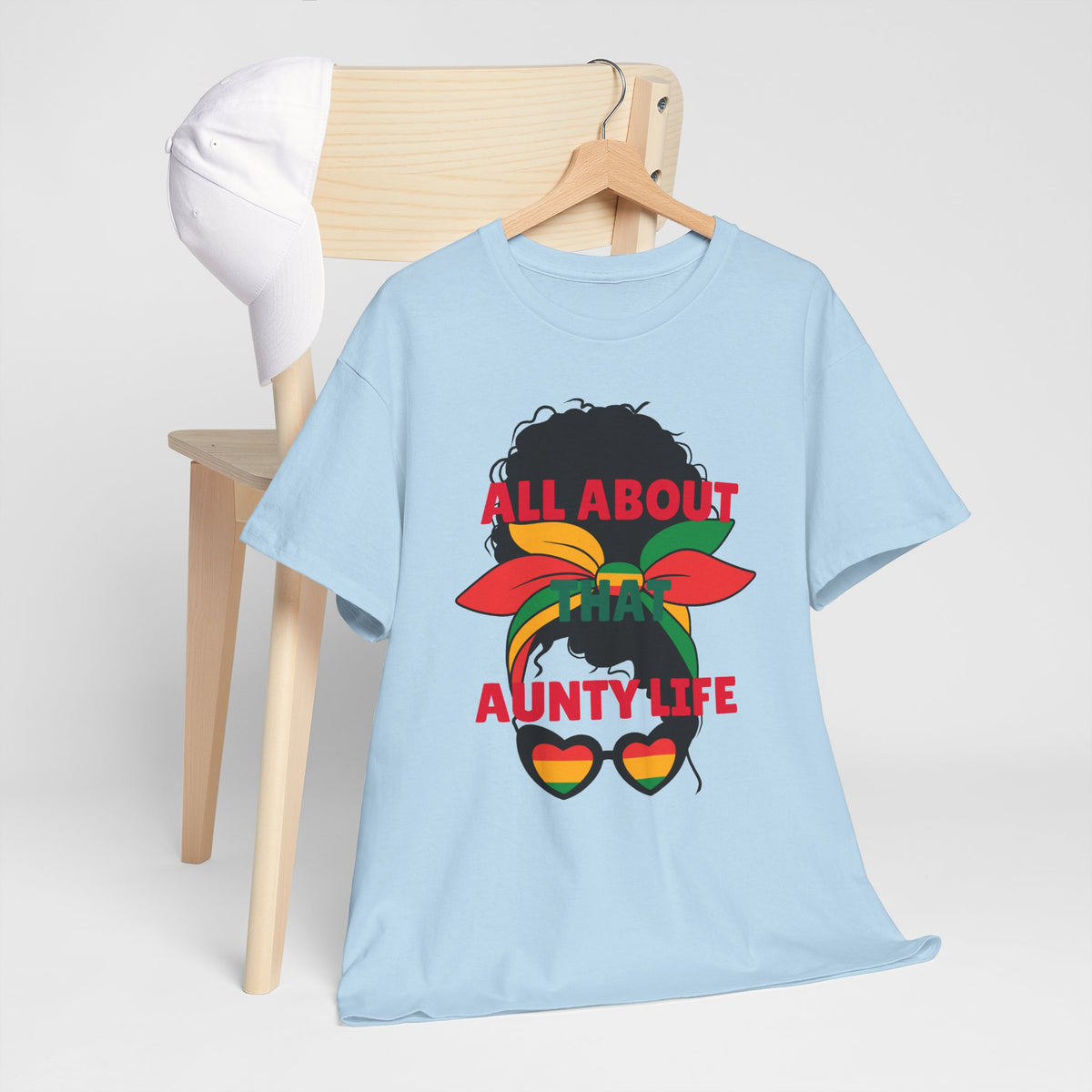 Aunty Life Tee – "All About Aunty Life" Graphic T-Shirt (Tropical Heart Sunglasses)