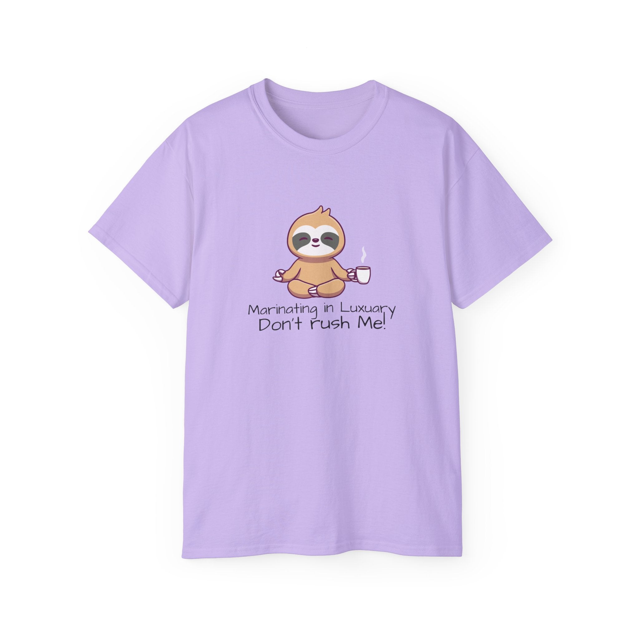 Marinating in Luxury Sloth Tee — "Don't Rush Me" Cute Coffee T-Shirt