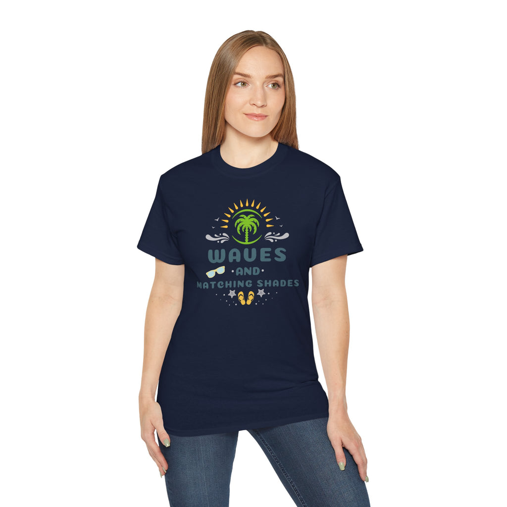 Waves and Matching Shades Tee — Retro Palm Beach Graphic T-Shirt
