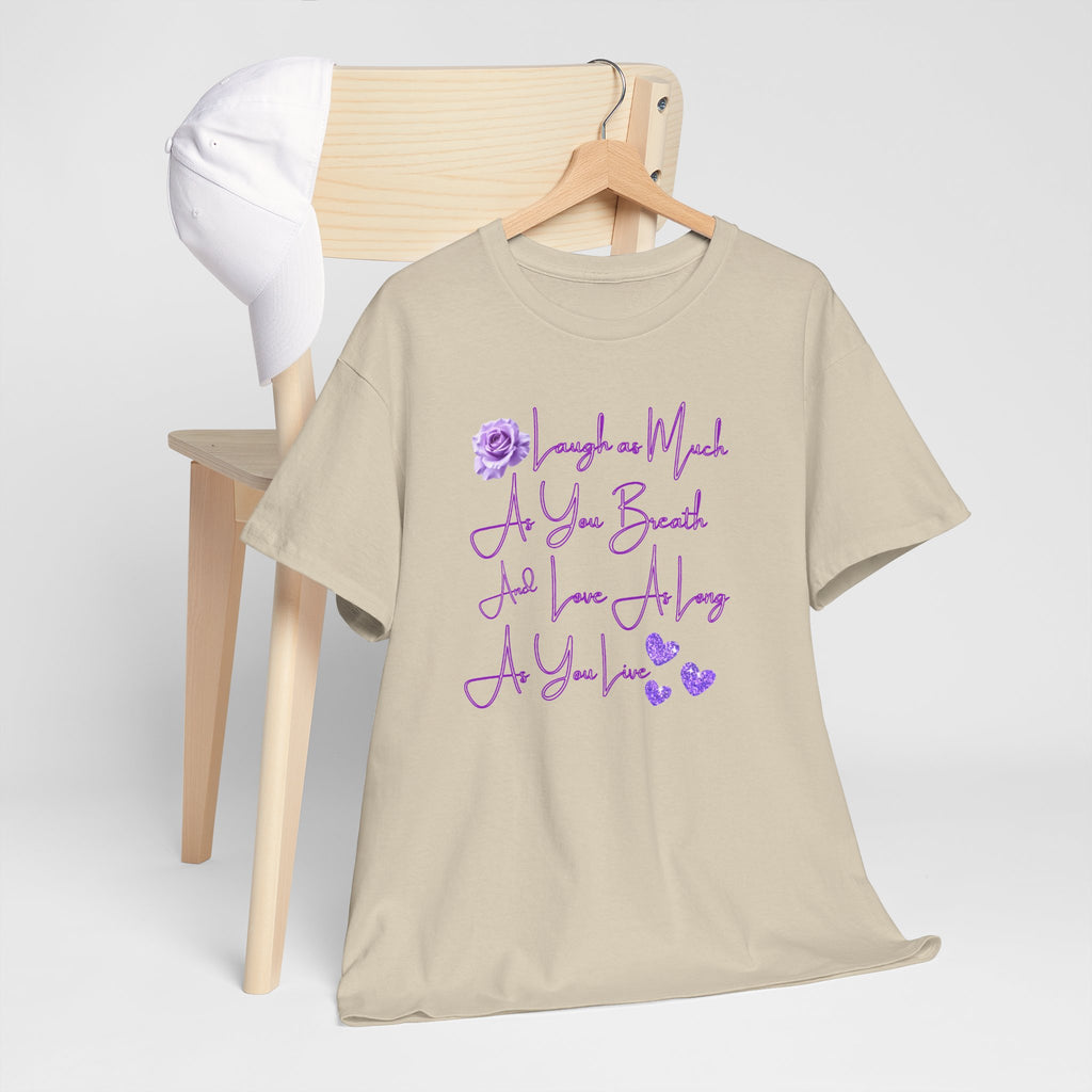 Inspirational Script Tee — "Breathe, Believe, Love" Purple Handwritten Design