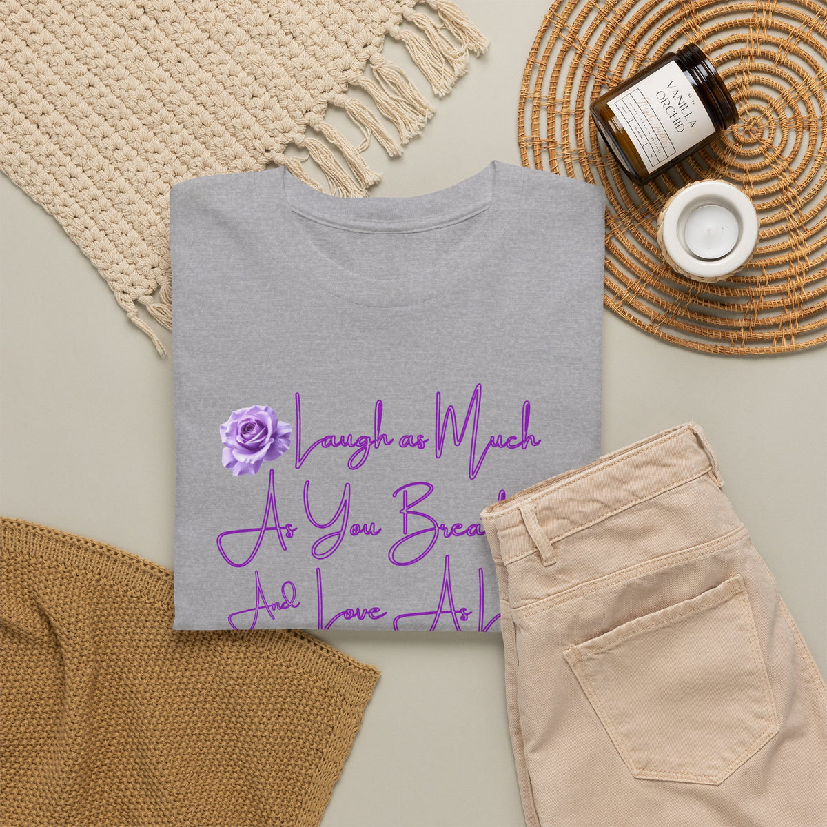 Inspirational Script Tee — "Breathe, Believe, Love" Purple Handwritten Design