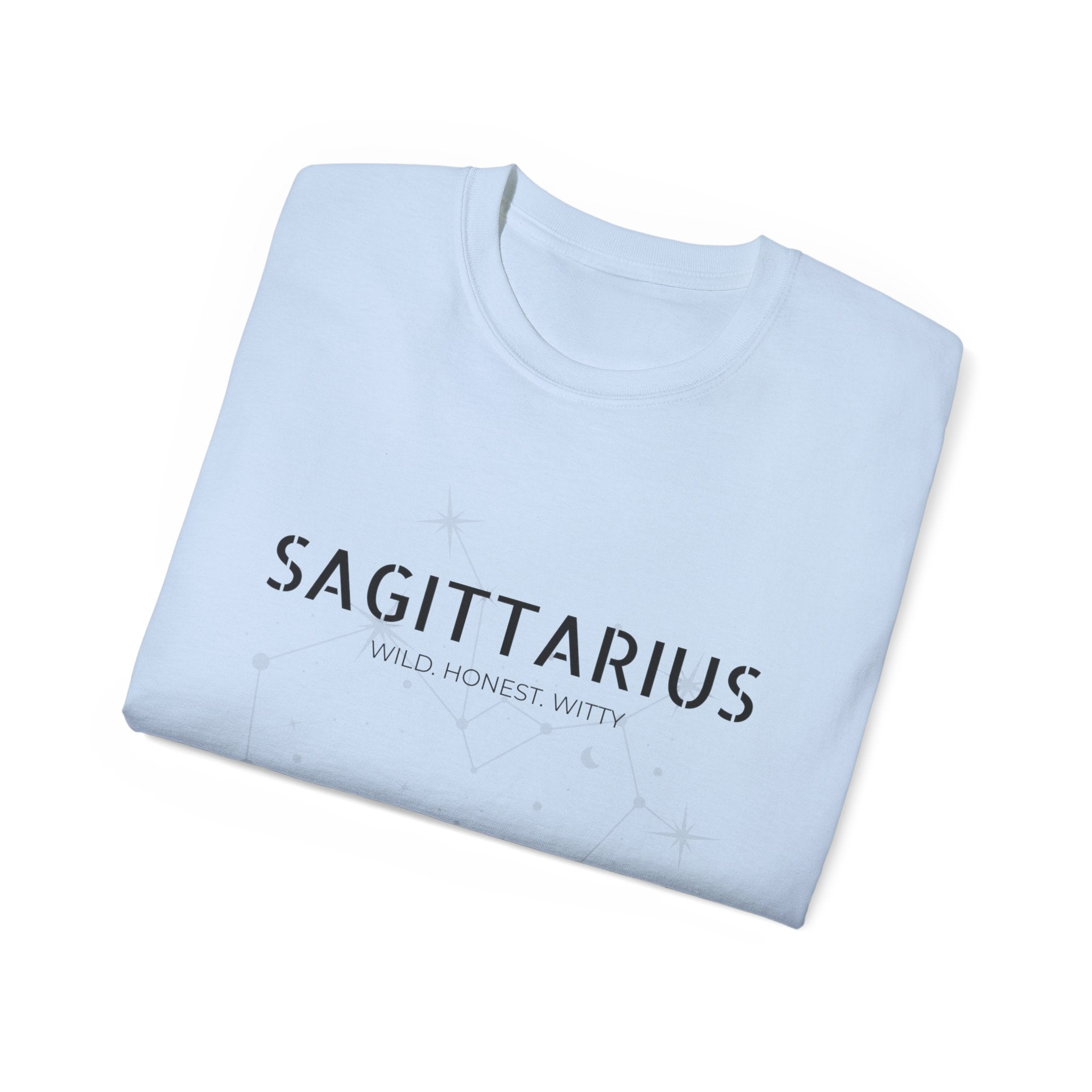 Sagittarius Zodiac Tee — 'Wild. Honest. Witty.' Astrological Graphic Shirt