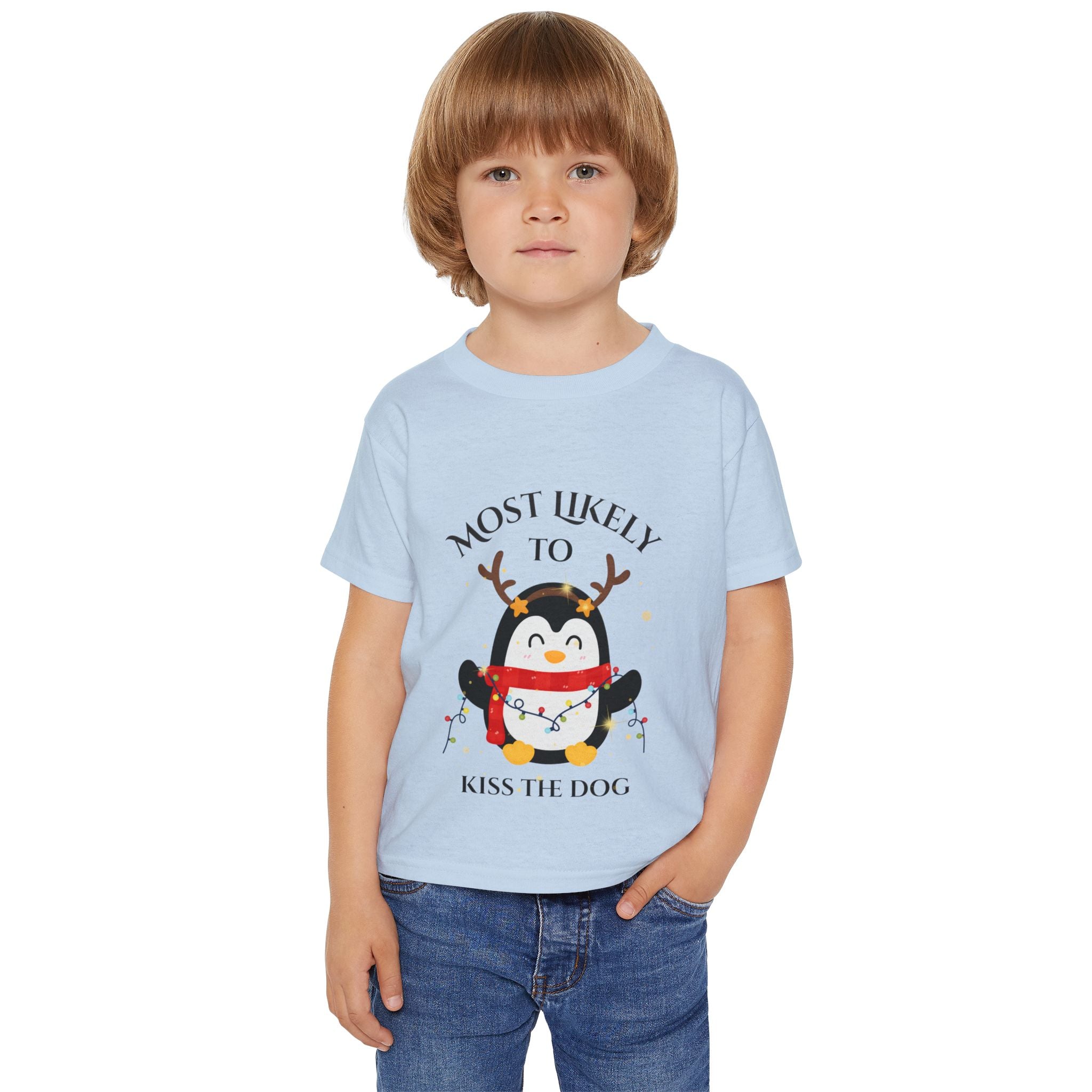 Cute Toddler T-Shirt with Penguin Design, Most Likely to Kiss the Dog, Funny Kids Tee, Christmas Gift, Animal Lover Shirt, Toddler Apparel