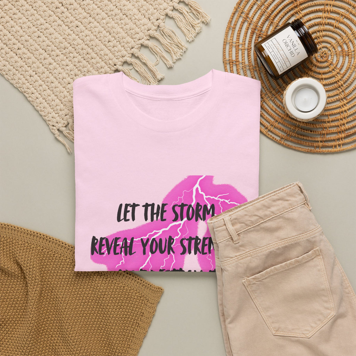 Let the Storm Reveal Your Strength Tee — Inspirational Pink Lightning Graphic T‑Shirt
