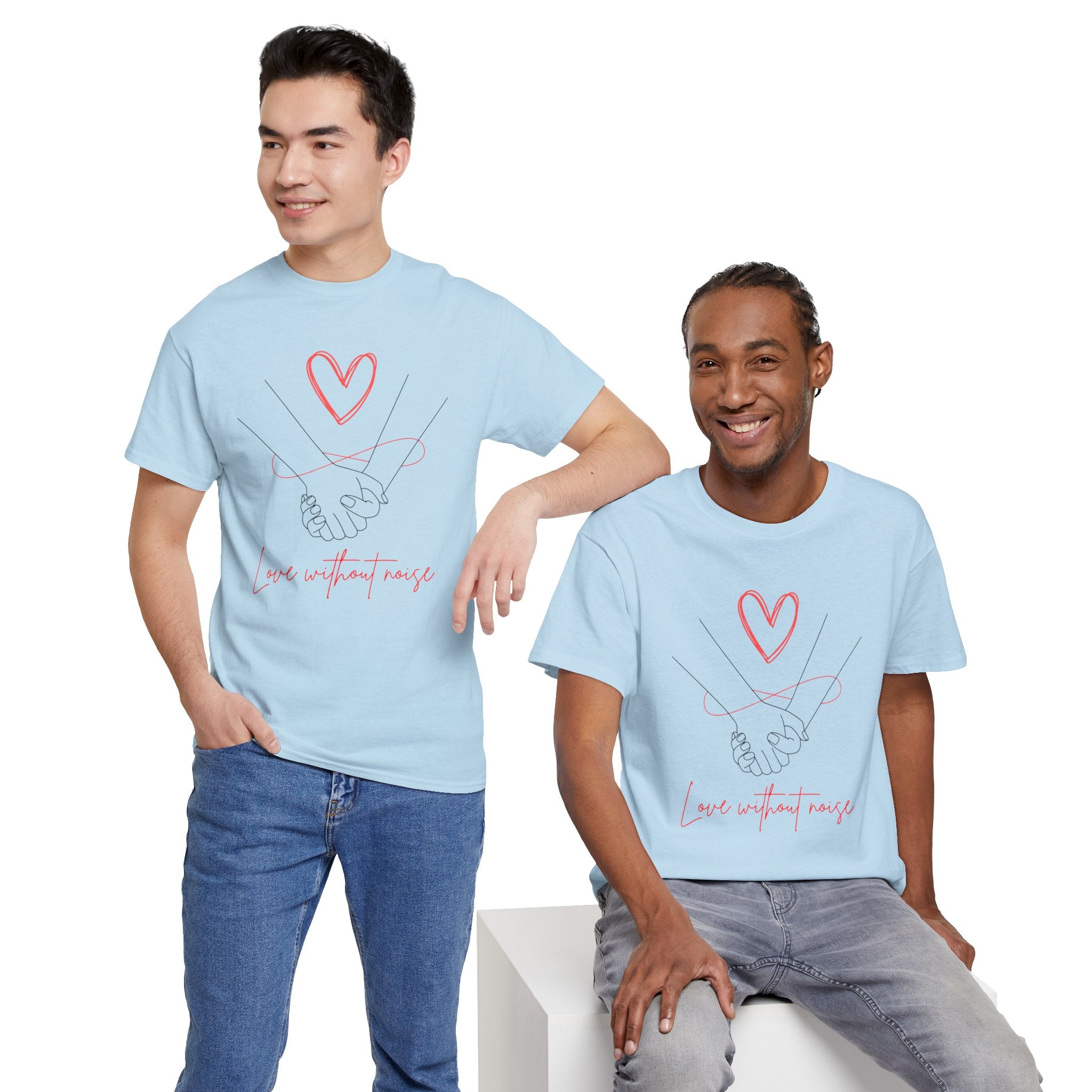 Romantic Holding Hands Tee — "Love Without Noise" Cotton Shirt