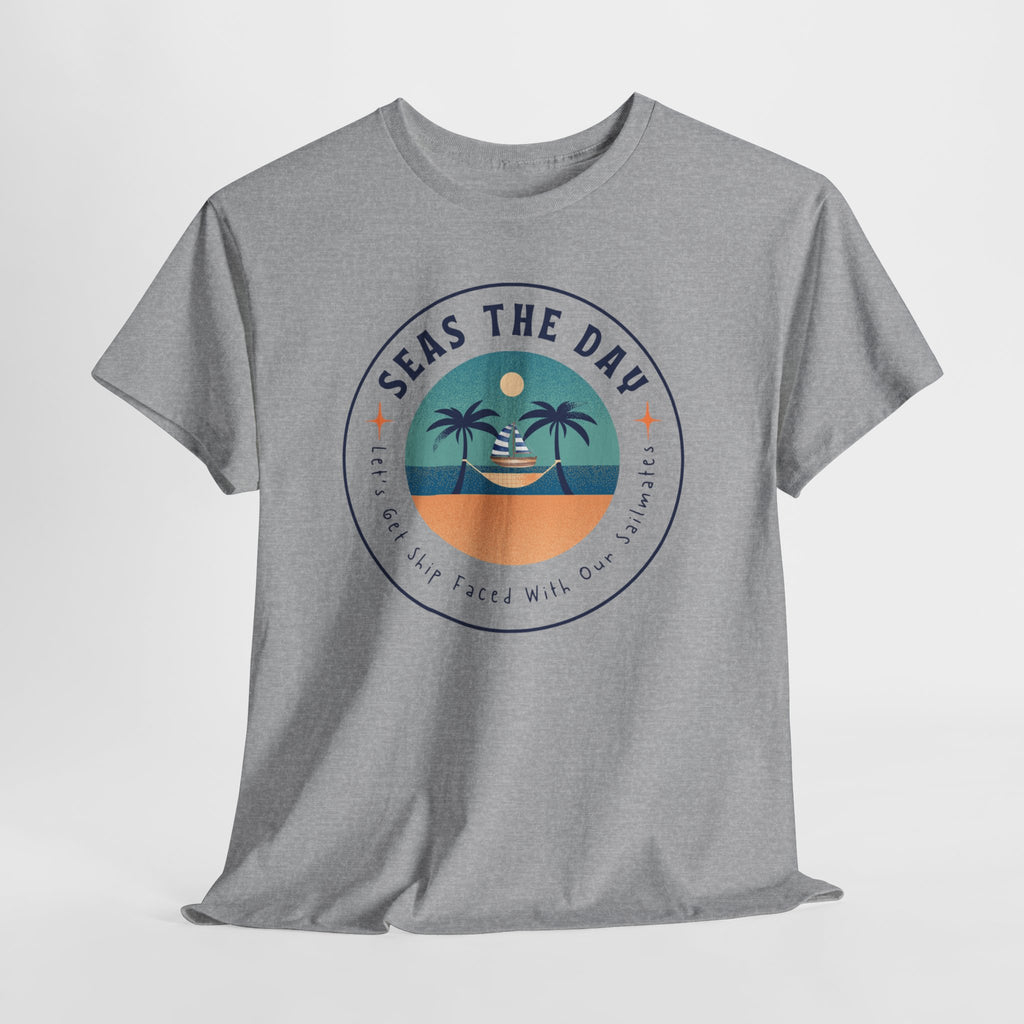 Seas the Day Beach Tee — Retro Palm Tree Sunset “Seas the Day” Graphic Shirt