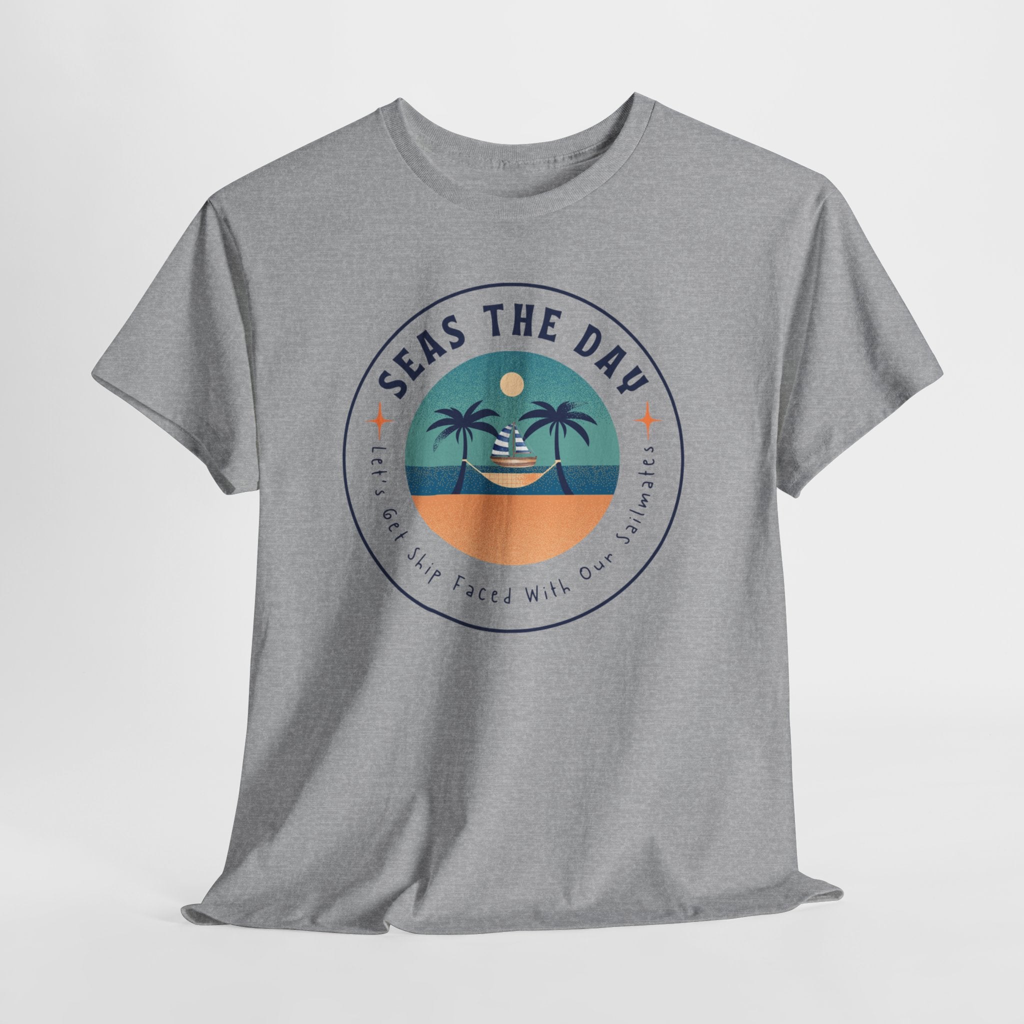 Seas the Day Beach Tee — Retro Palm Tree Sunset “Seas the Day” Graphic Shirt