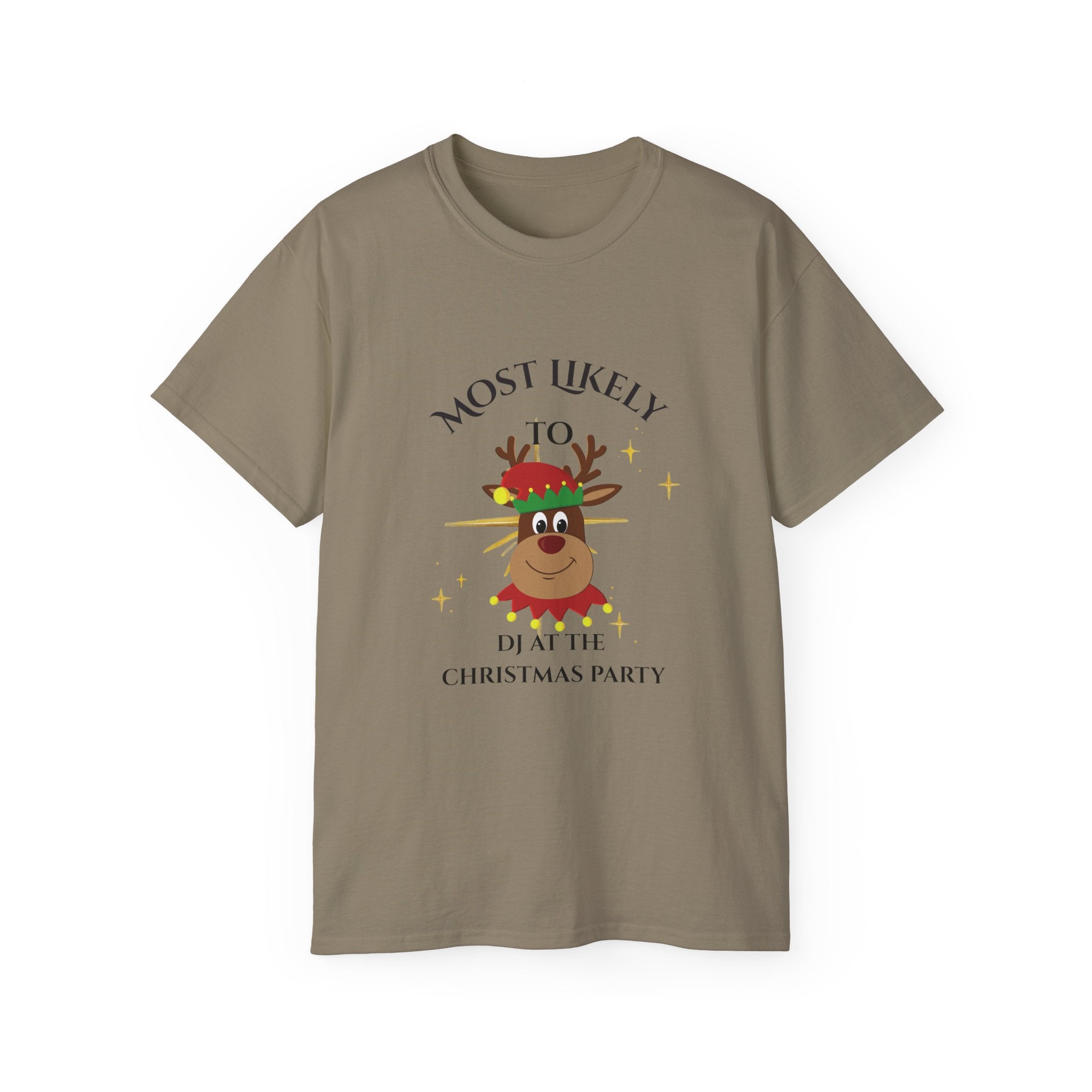 Most Likely to DJ Christmas Party Tee, Holiday T-Shirt, Funny Christmas Gift, Unisex Cotton Shirt, Party Outfit, Festive Apparel