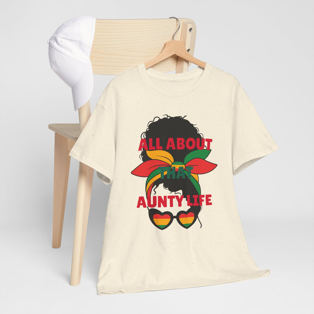 Aunty Life Tee – "All About Aunty Life" Graphic T-Shirt (Tropical Heart Sunglasses)