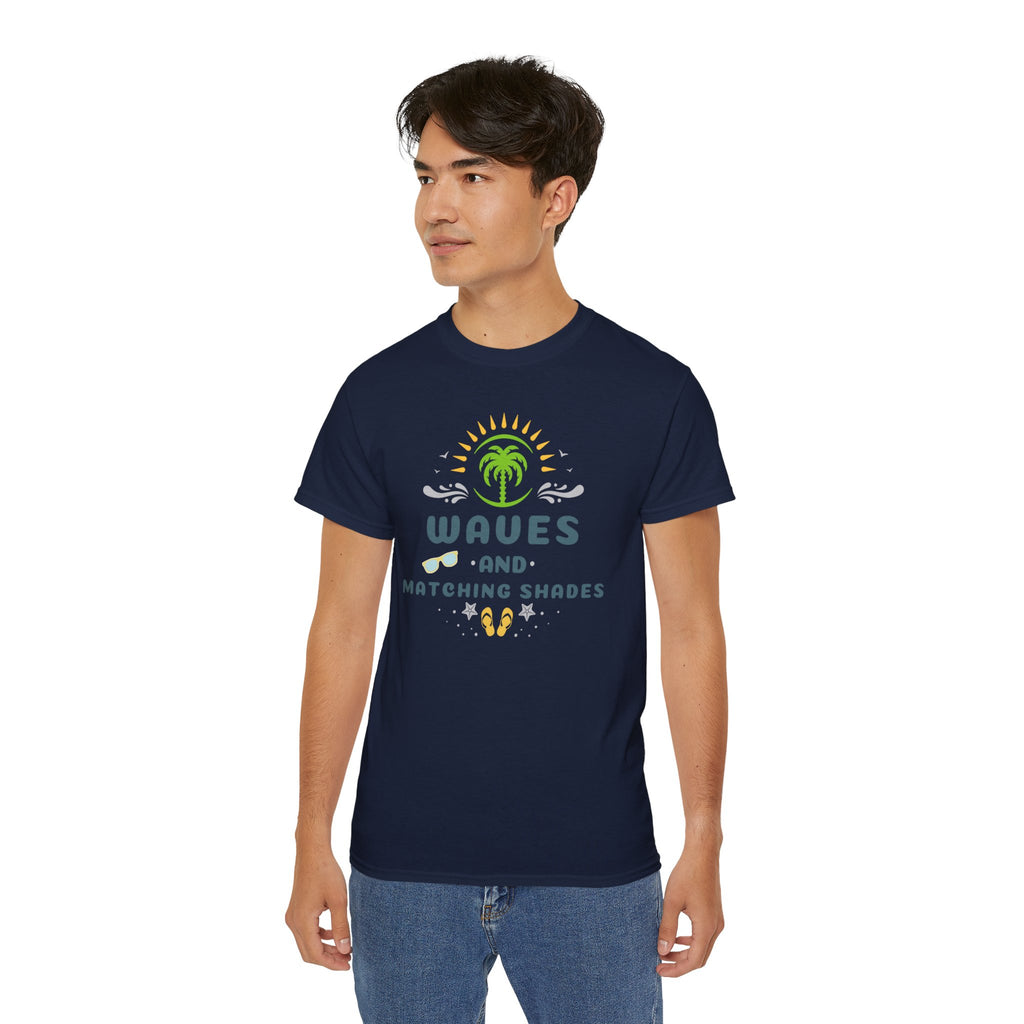Waves and Matching Shades Tee — Retro Palm Beach Graphic T-Shirt