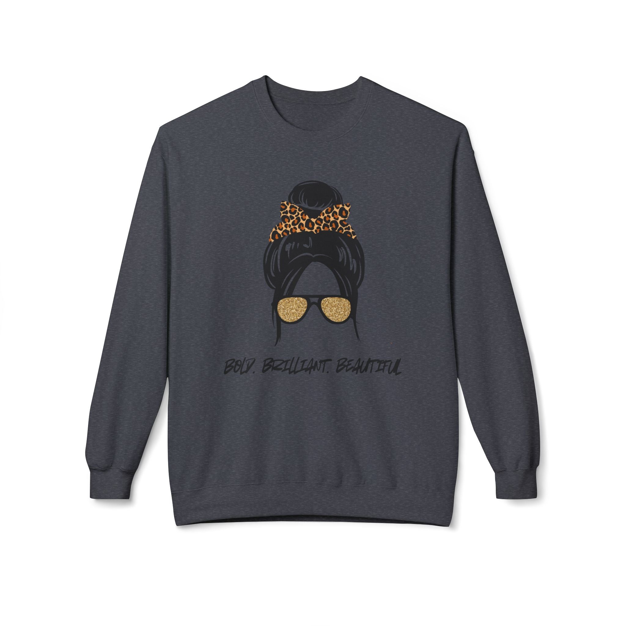 Bold Brilliant Beautiful Graphic Messy Bun Leopard Sunglasses Crewneck Sweatshirt