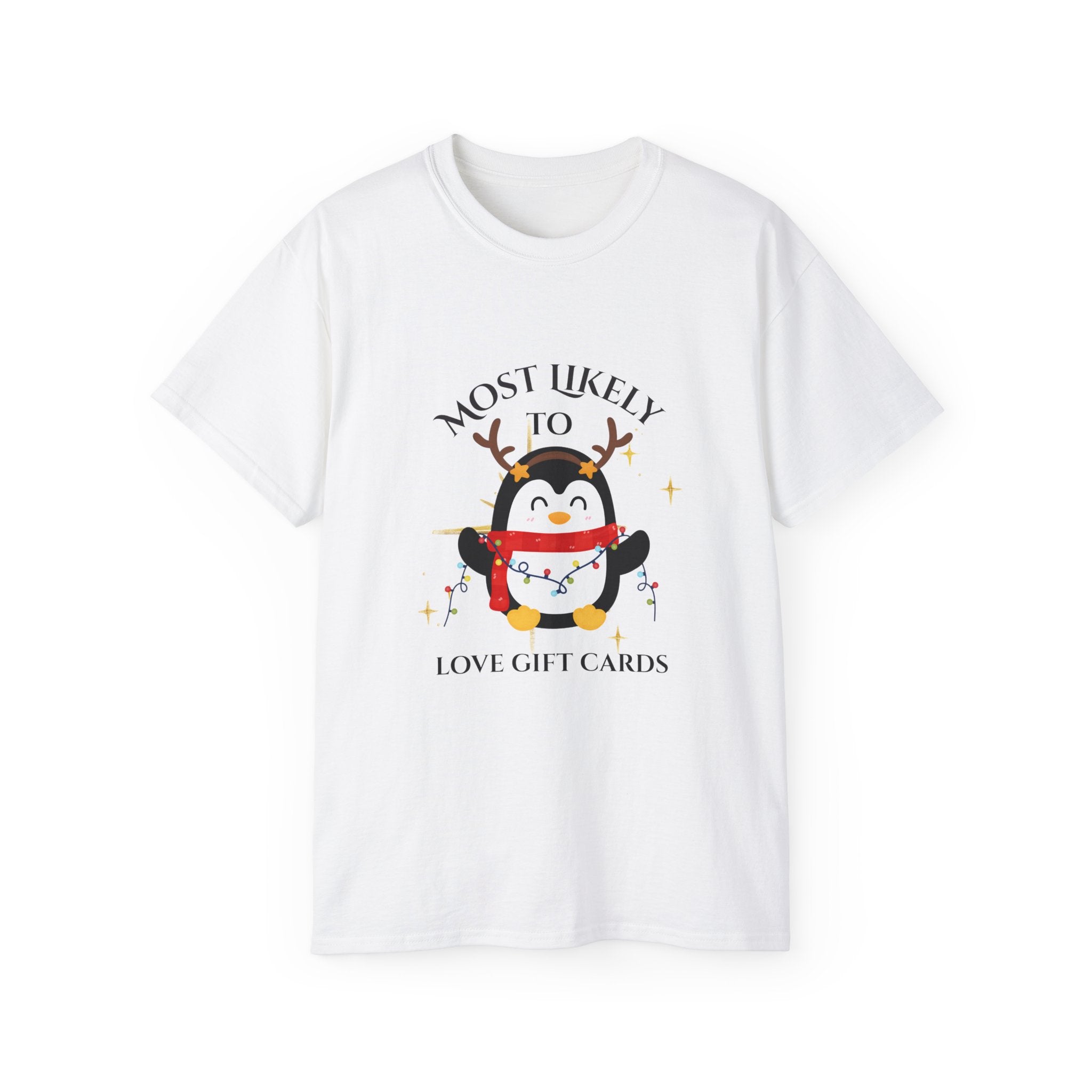 Most Likely to love Gift Cards Tee, Funny Holiday Shirt, Cute Christmas T-Shirt, Gift for Him/Her, Unisex Cotton Tee