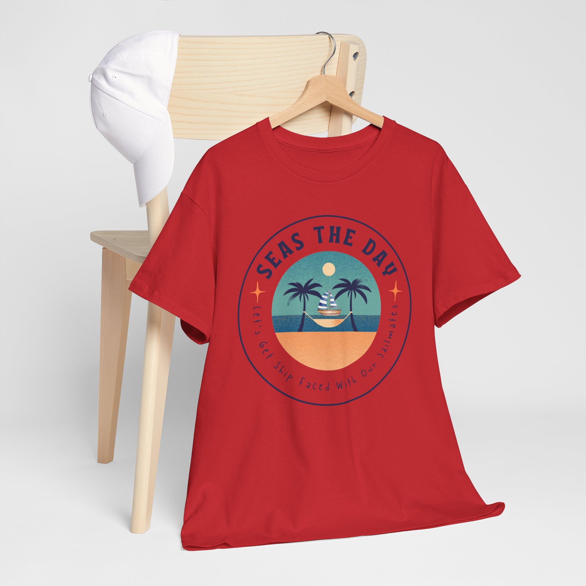 Seas the Day Beach Tee — Retro Palm Tree Sunset “Seas the Day” Graphic Shirt