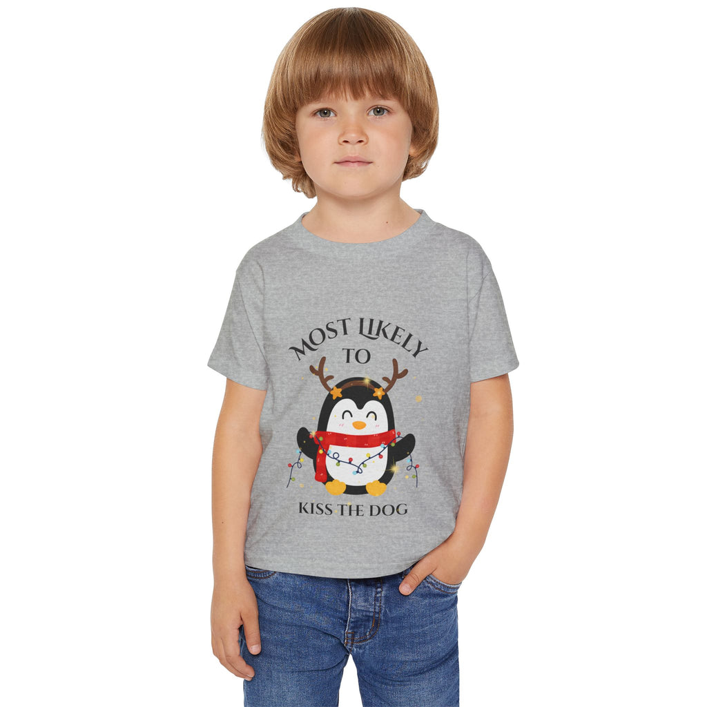 Cute Toddler T-Shirt with Penguin Design, Most Likely to Kiss the Dog, Funny Kids Tee, Christmas Gift, Animal Lover Shirt, Toddler Apparel
