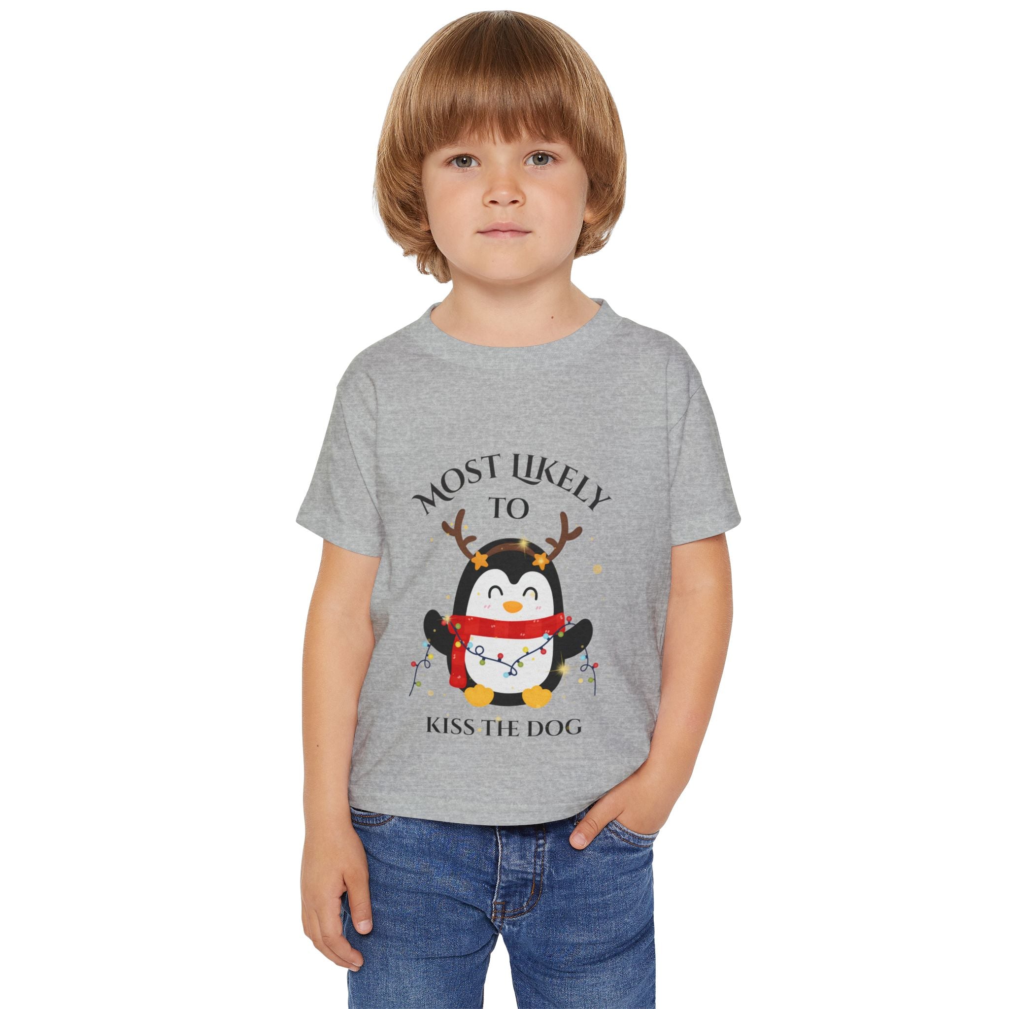 Cute Toddler T-Shirt with Penguin Design, Most Likely to Kiss the Dog, Funny Kids Tee, Christmas Gift, Animal Lover Shirt, Toddler Apparel