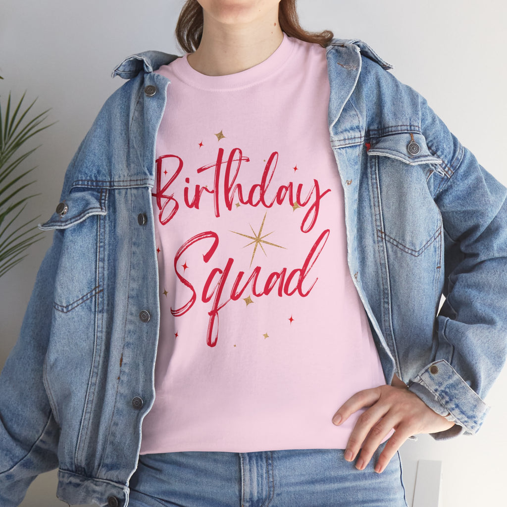 Birthday Squad T-Shirt — Women's Party Tee with Pink Script & Gold Stars