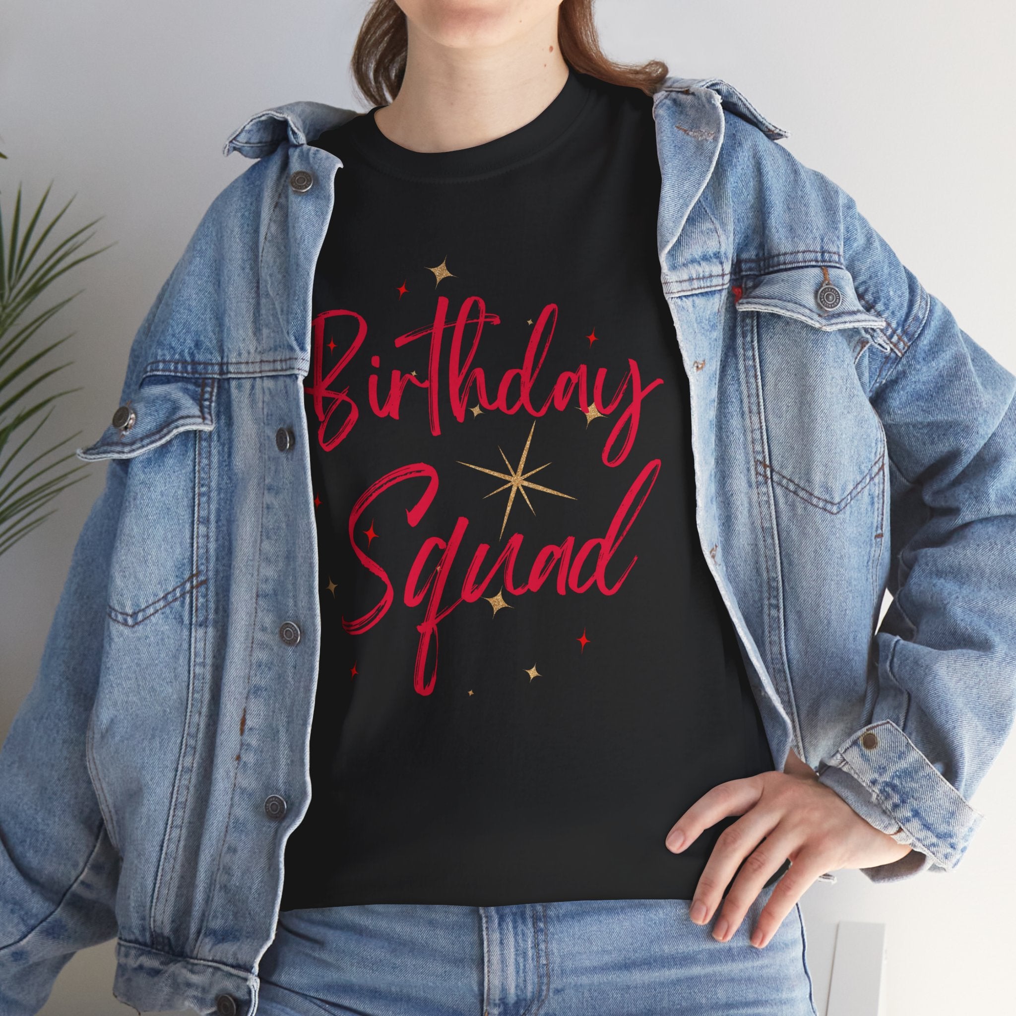Birthday Squad T-Shirt — Women's Party Tee with Pink Script & Gold Stars