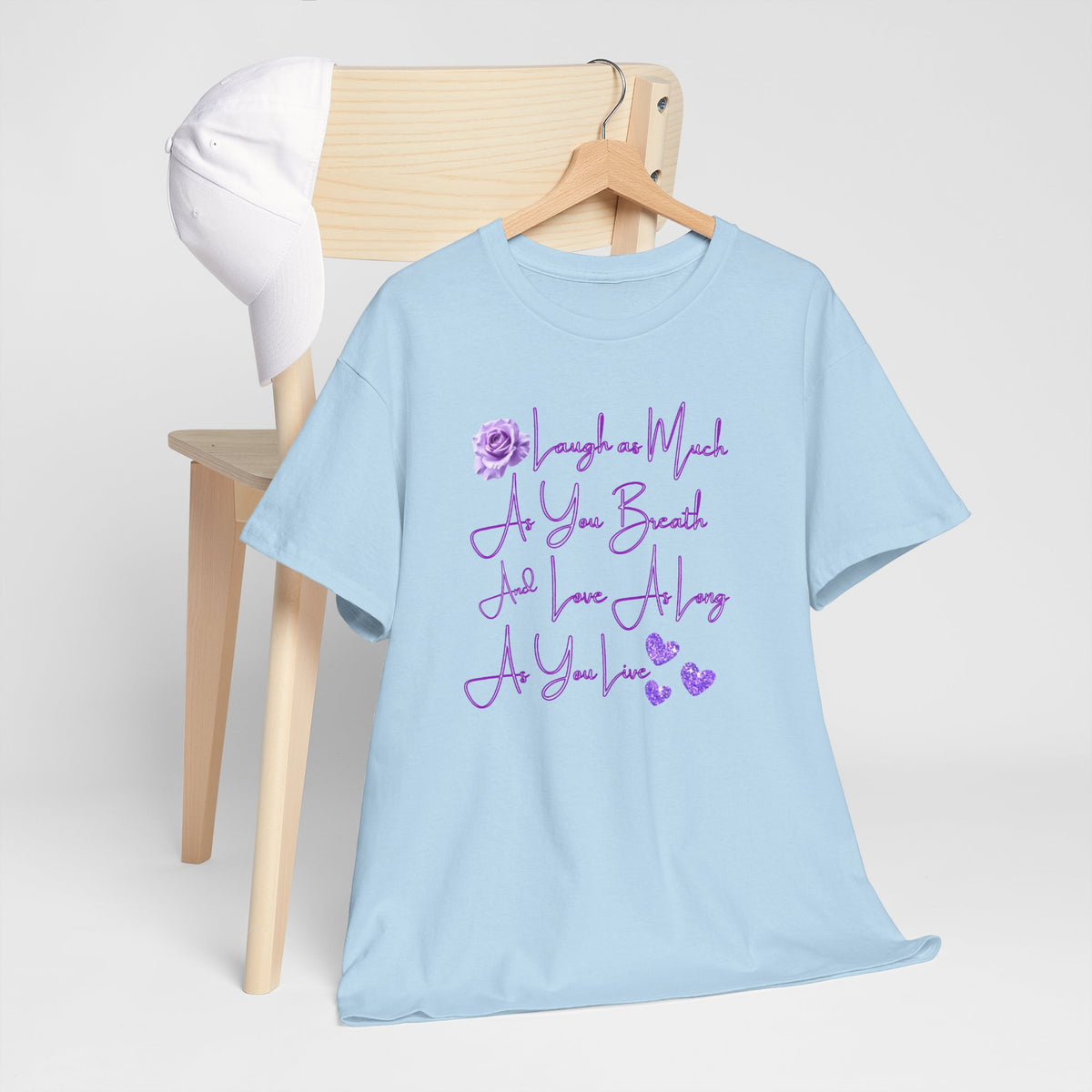 Inspirational Script Tee — "Breathe, Believe, Love" Purple Handwritten Design