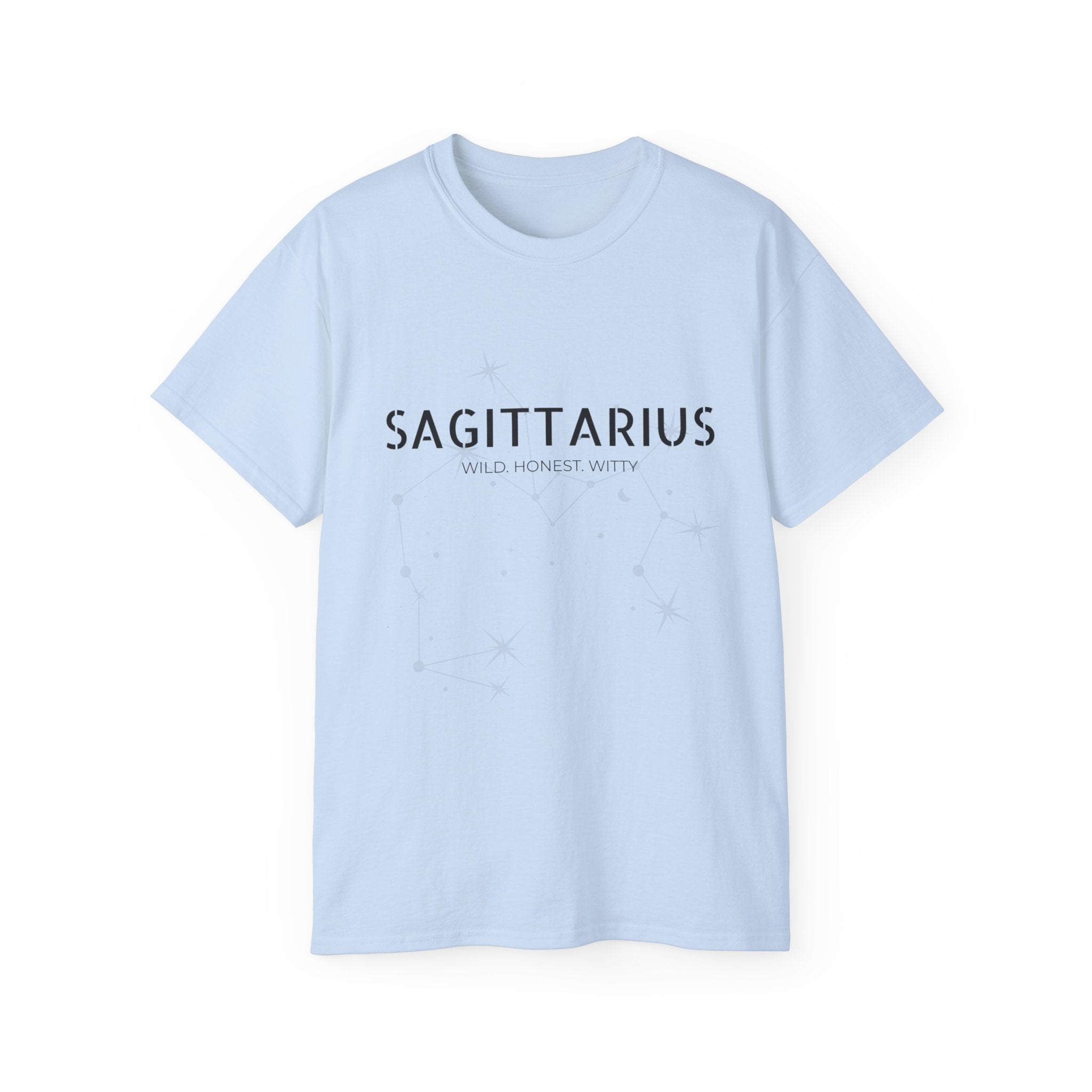 Sagittarius Zodiac Tee — 'Wild. Honest. Witty.' Astrological Graphic Shirt