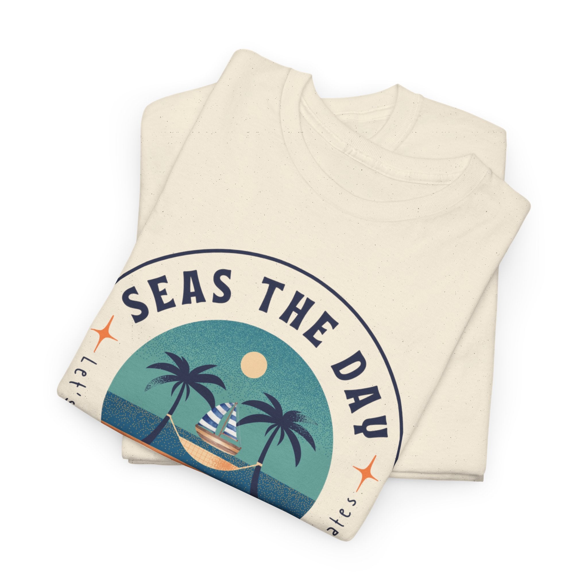 Seas the Day Beach Tee — Retro Palm Tree Sunset “Seas the Day” Graphic Shirt