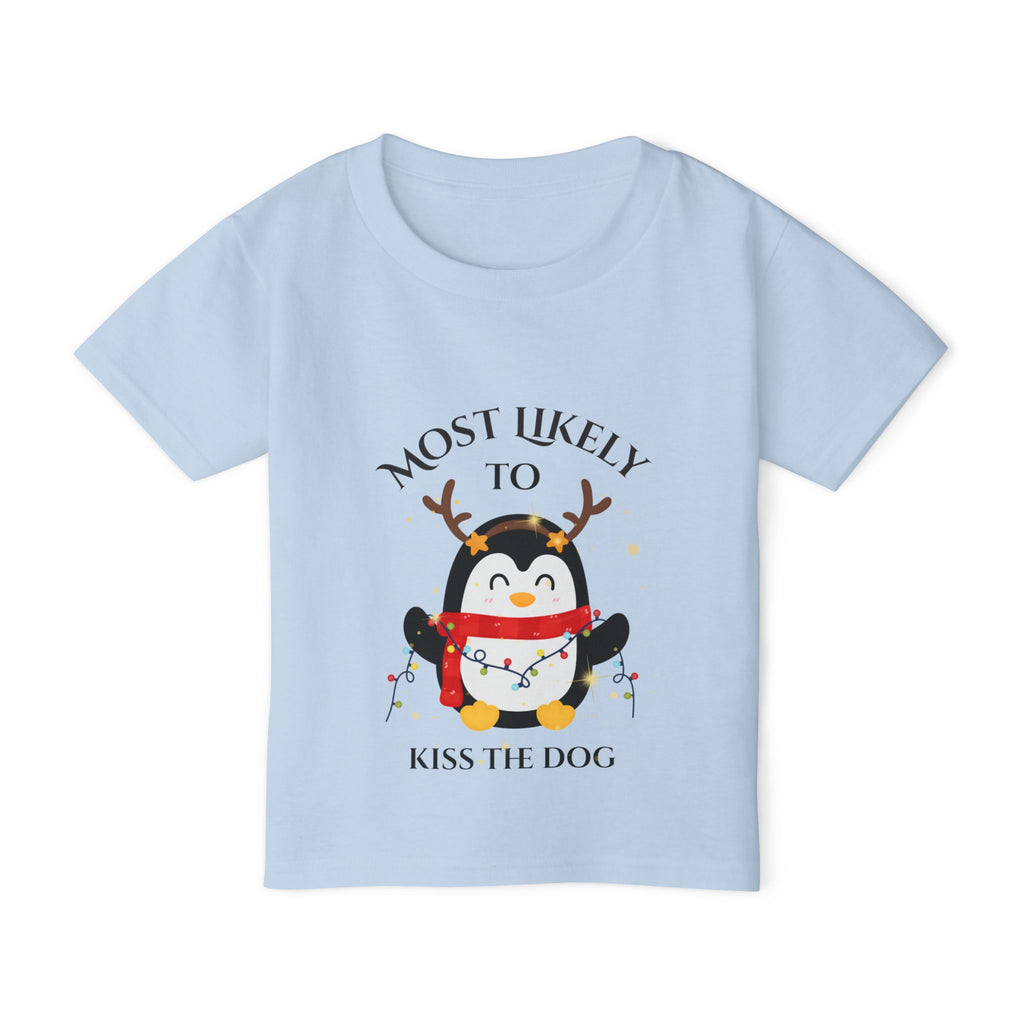 Cute Toddler T-Shirt with Penguin Design, Most Likely to Kiss the Dog, Funny Kids Tee, Christmas Gift, Animal Lover Shirt, Toddler Apparel