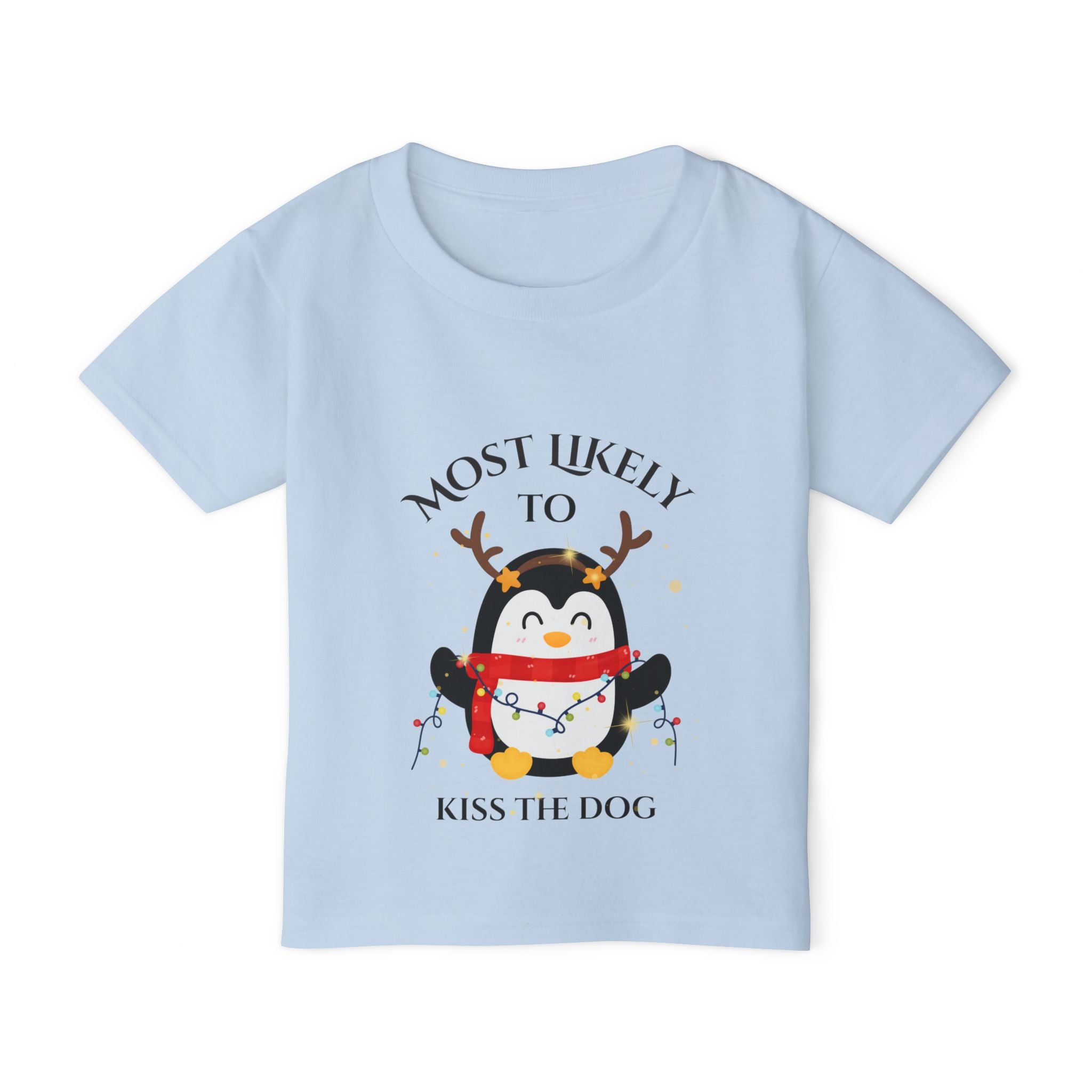 Cute Toddler T-Shirt with Penguin Design, Most Likely to Kiss the Dog, Funny Kids Tee, Christmas Gift, Animal Lover Shirt, Toddler Apparel