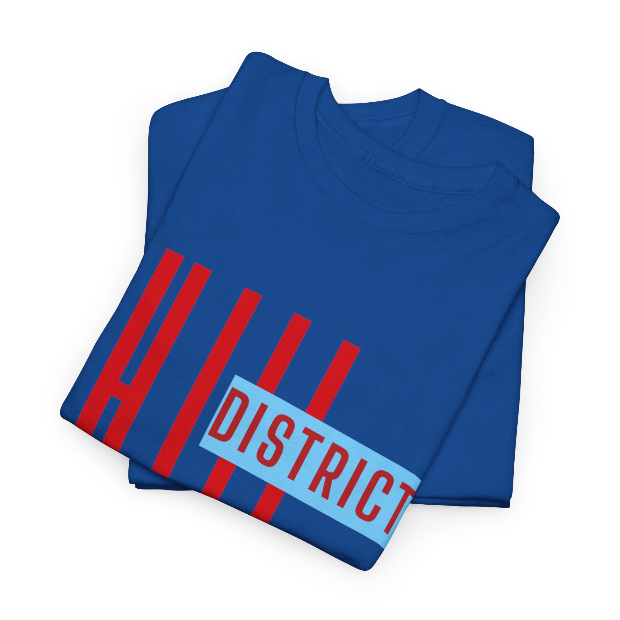 Hill District T-Shirt — Retro Red & Blue 'DISTRICT' Graphic Tee