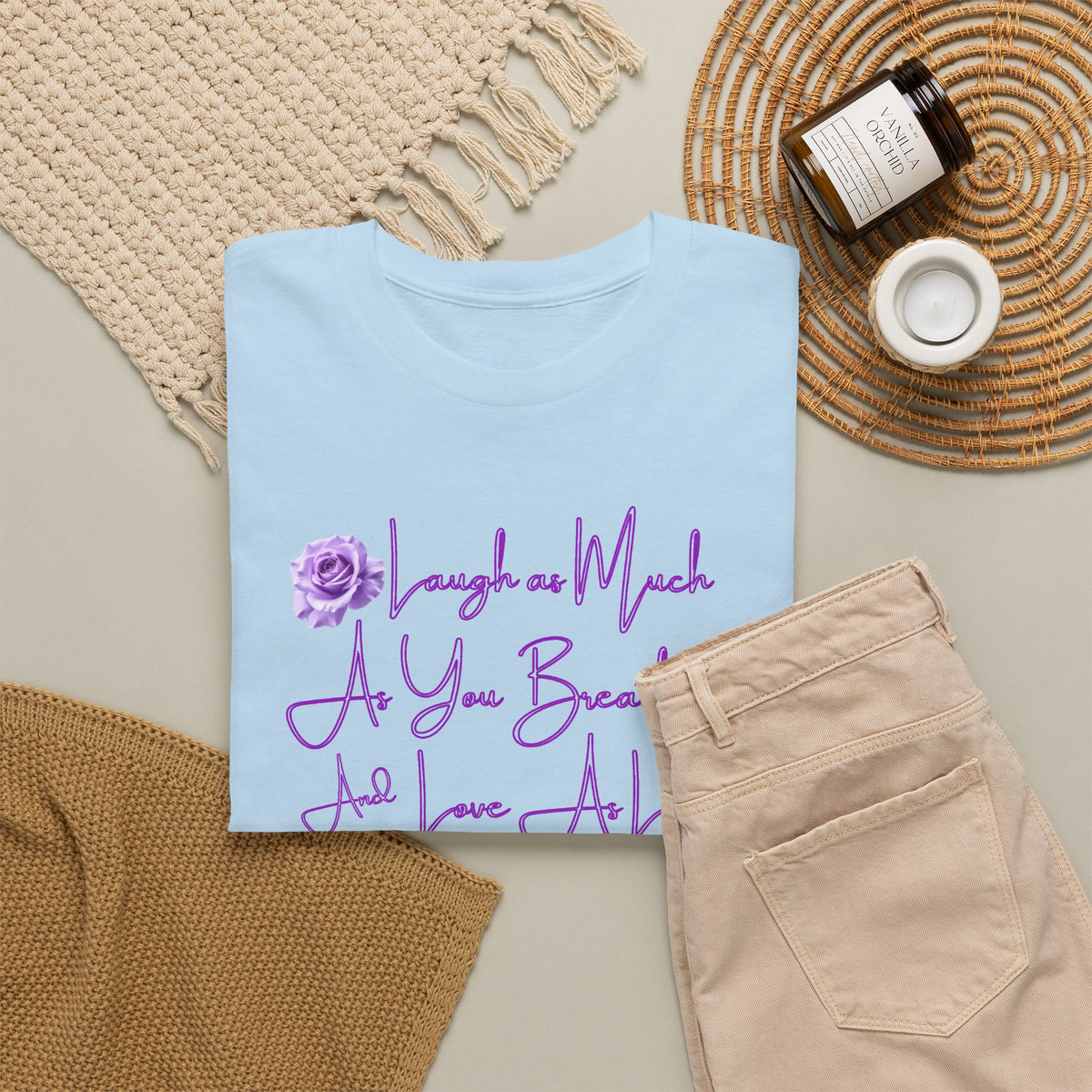 Inspirational Script Tee — "Breathe, Believe, Love" Purple Handwritten Design