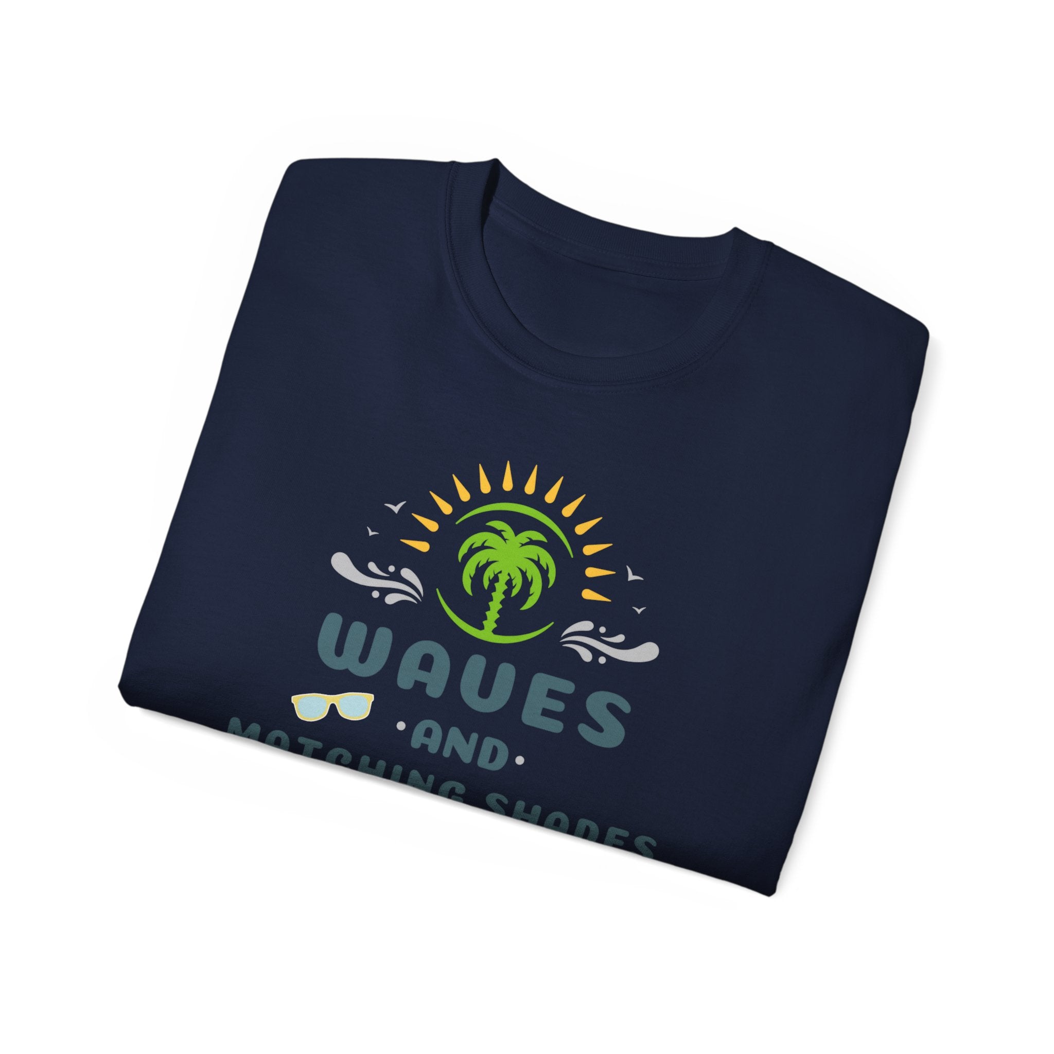Waves and Matching Shades Tee — Retro Palm Beach Graphic T-Shirt
